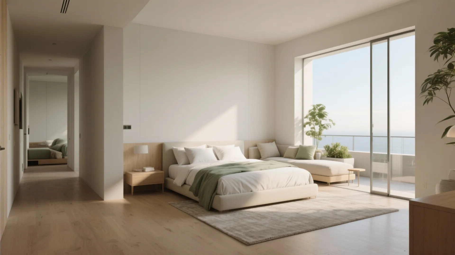 Modern bedroom with white walls wooden floor large bed small sofa balcony with sea view