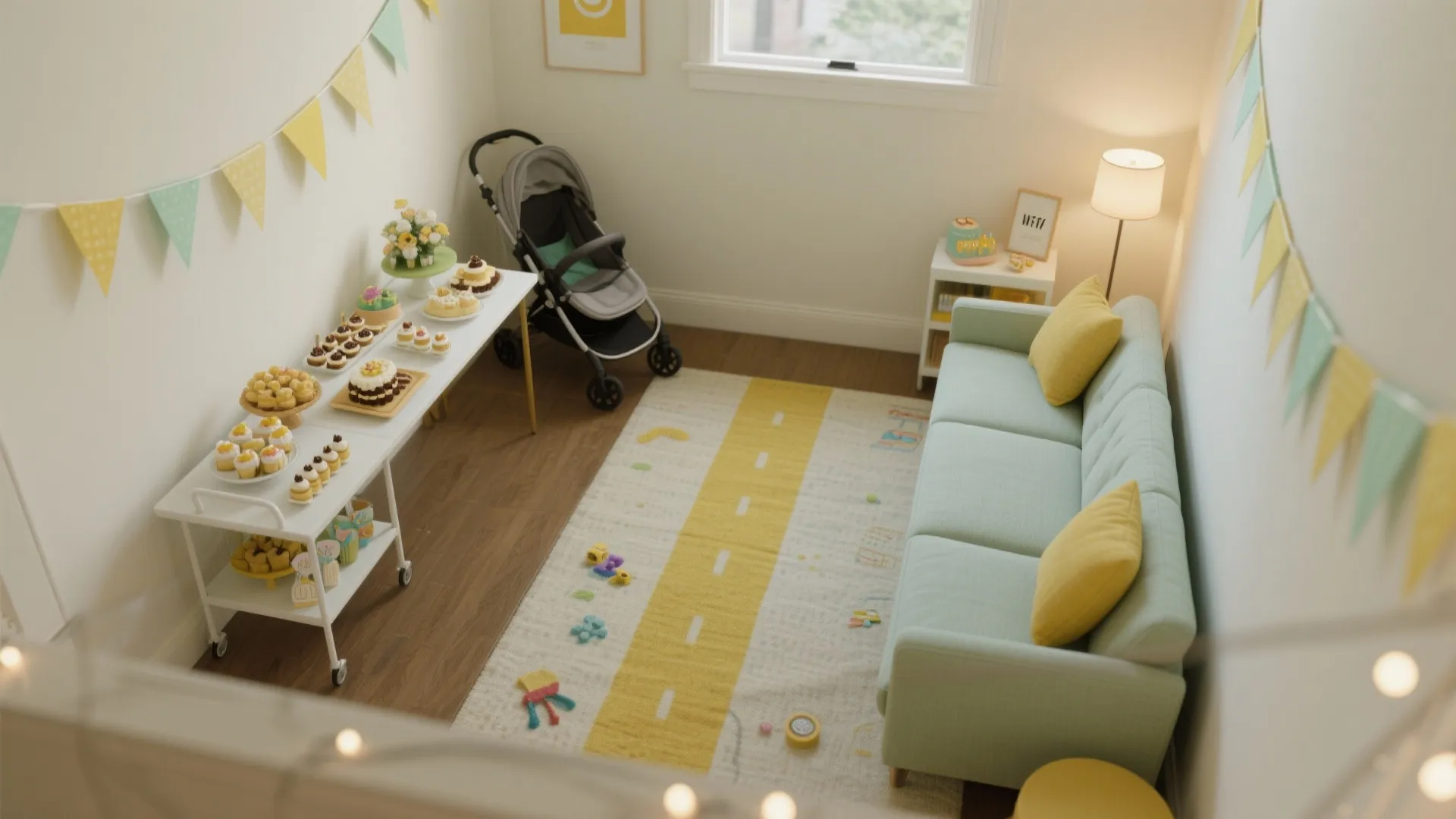 L-shaped party layout to unlock flow