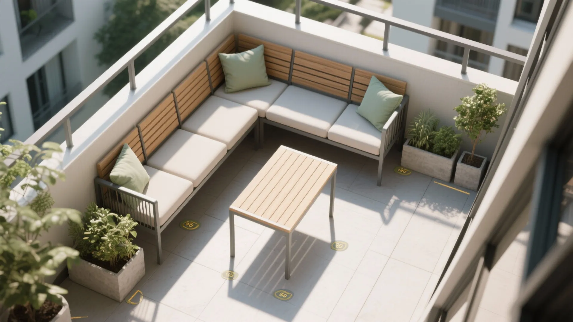 Top-down layout showing an L-shaped bench, a corner rail-height table, and clear circulation zones on a small balcony.