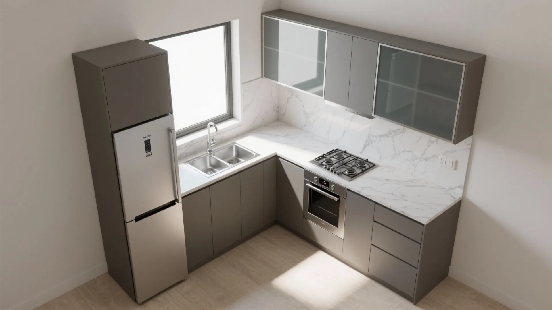 L-shaped small kitchen layout that squeezes in more counter