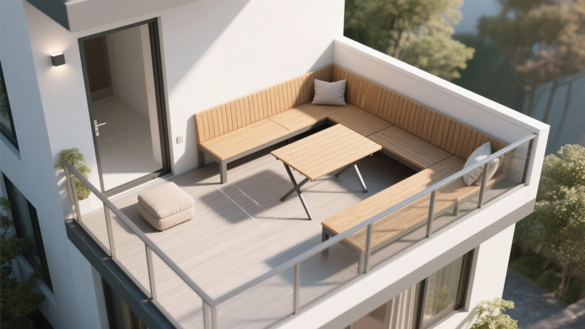 L-shaped seating + fold-down dining