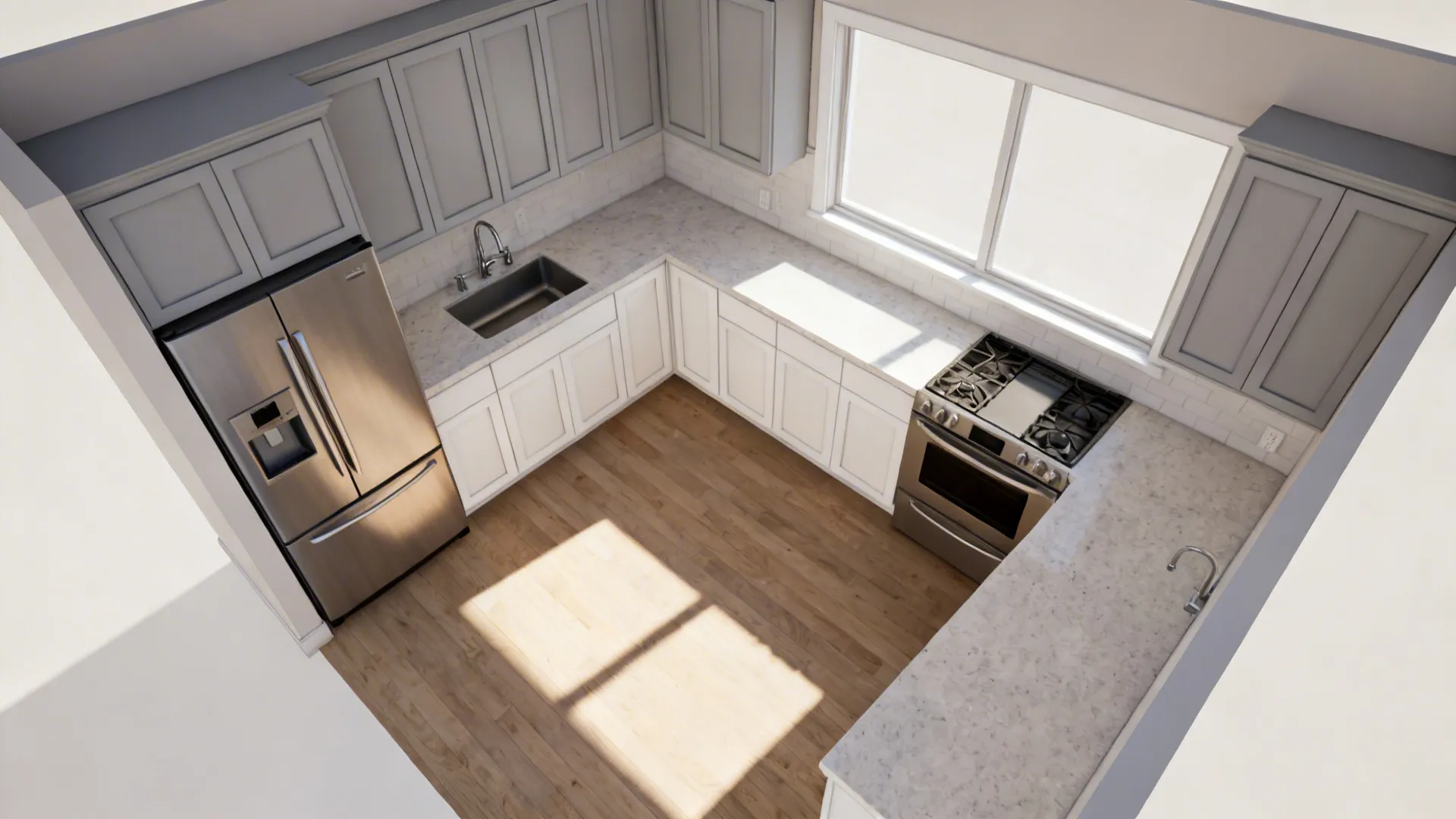 Top-down L-shaped kitchen plan showing sink centered, cooktop at end, and fridge on short leg.