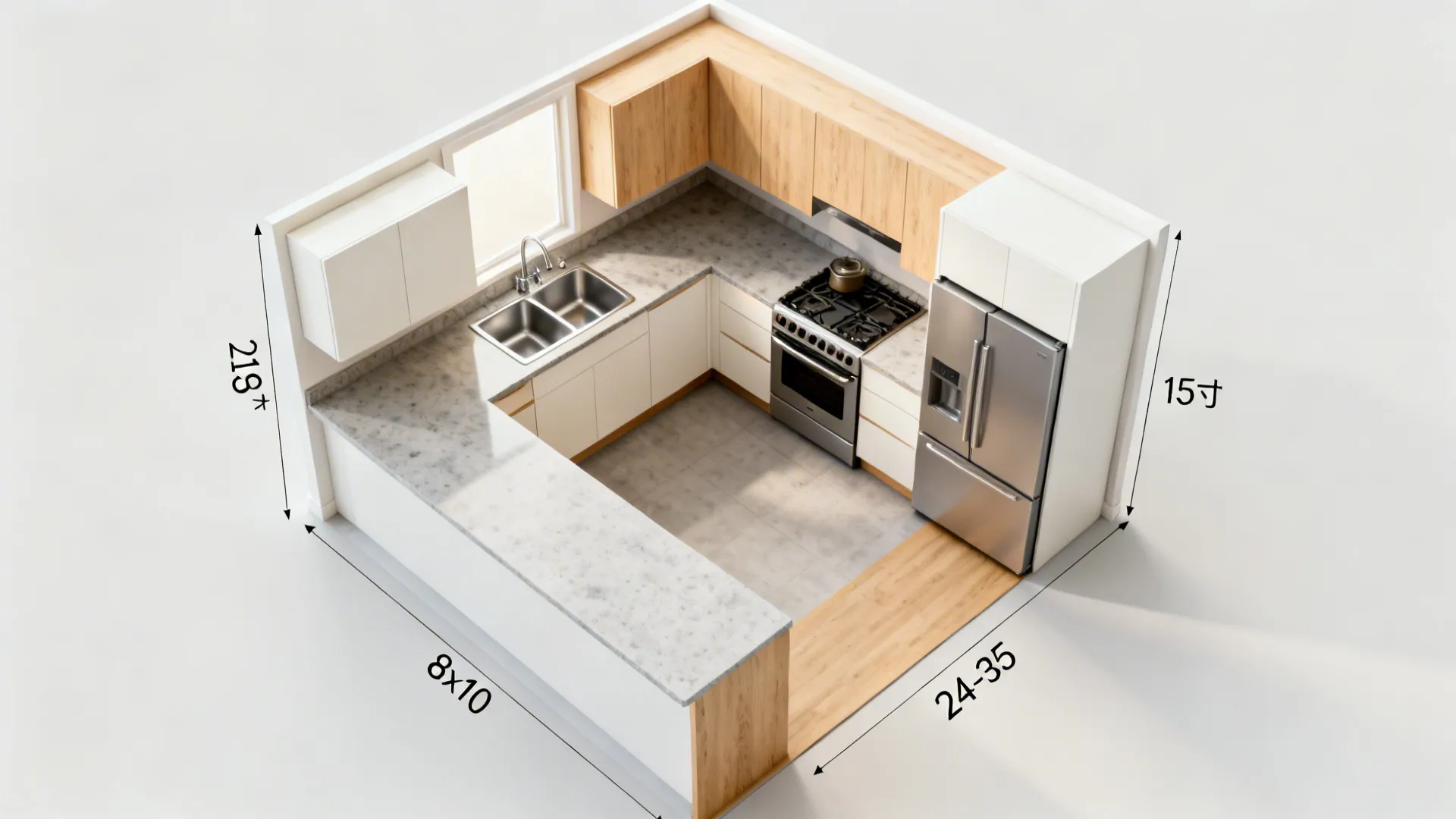 Top-down of an 8x10 L-shaped kitchen highlighting sink, cooktop, fridge and clear prep zones.