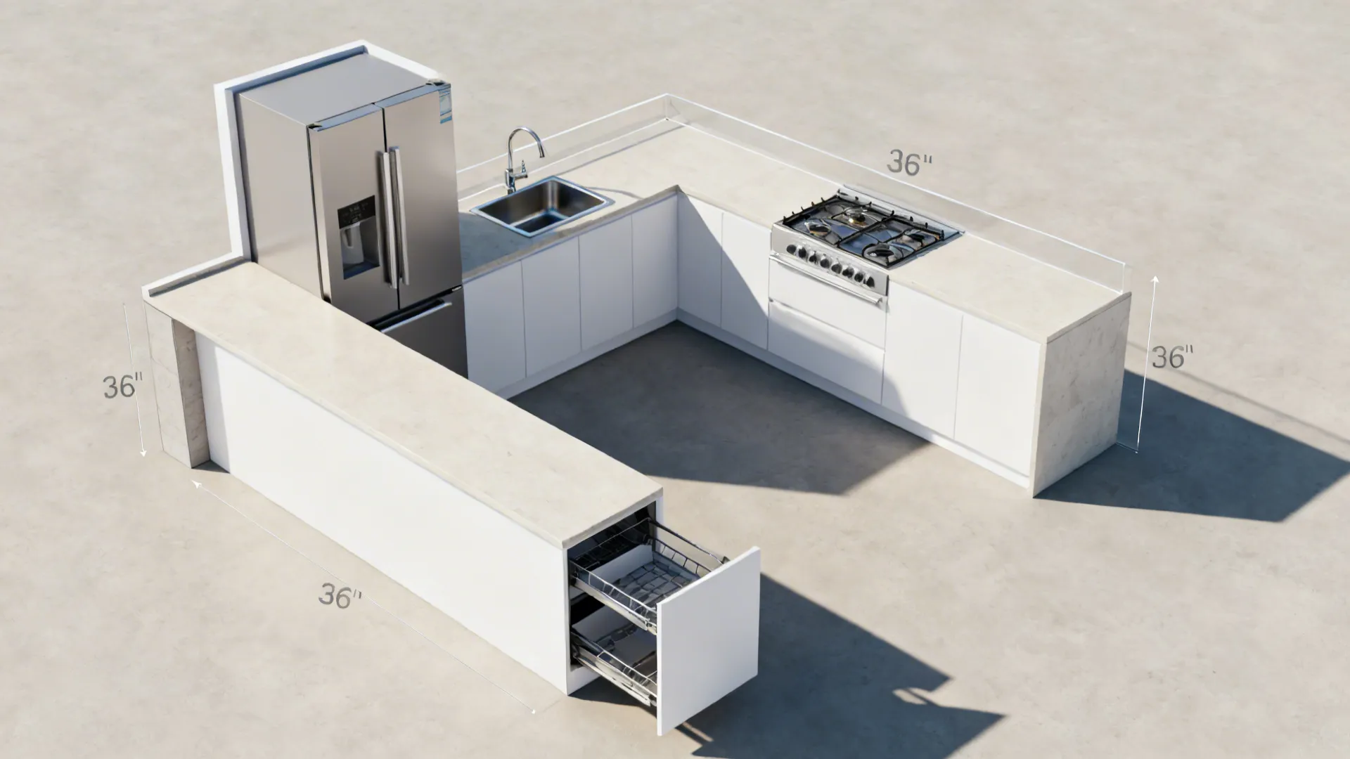 Interior design drawing showing U shaped kitchen layout with white cabinets stove fridge and labels