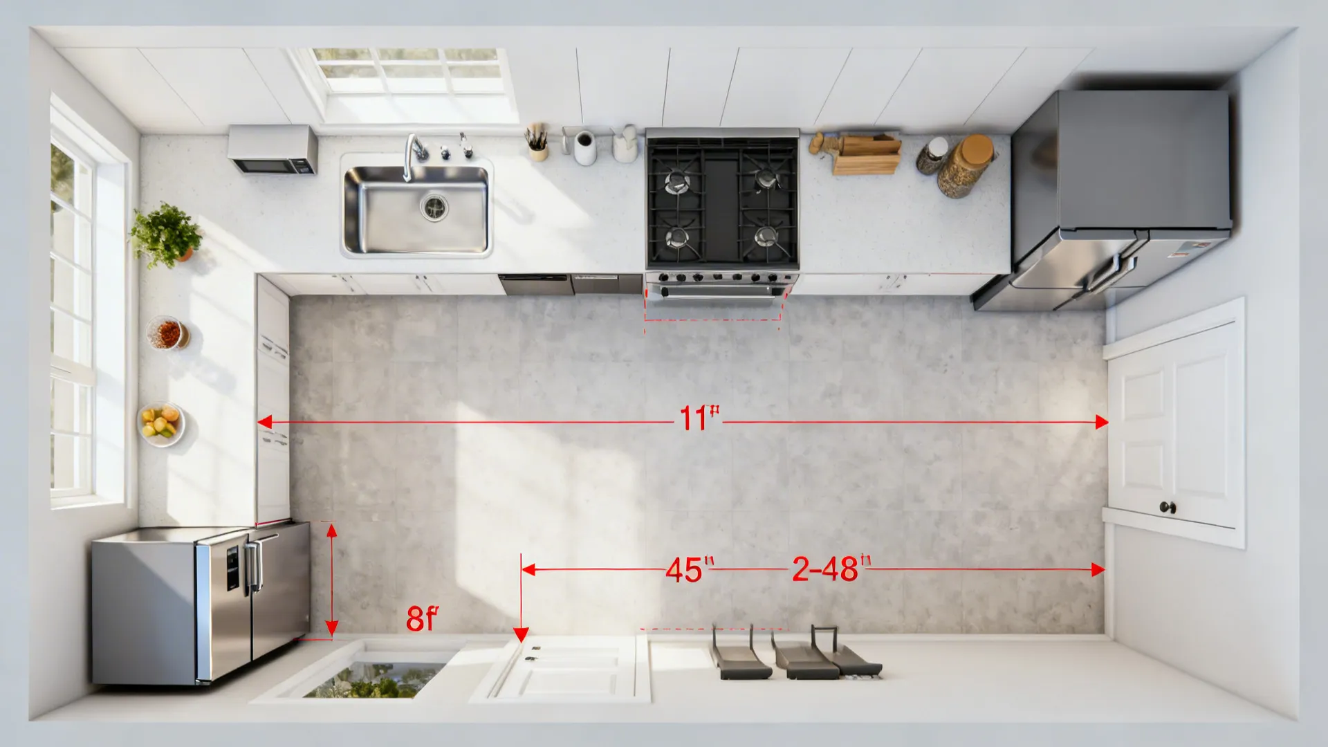 L-shaped work triangle within a parallel shell