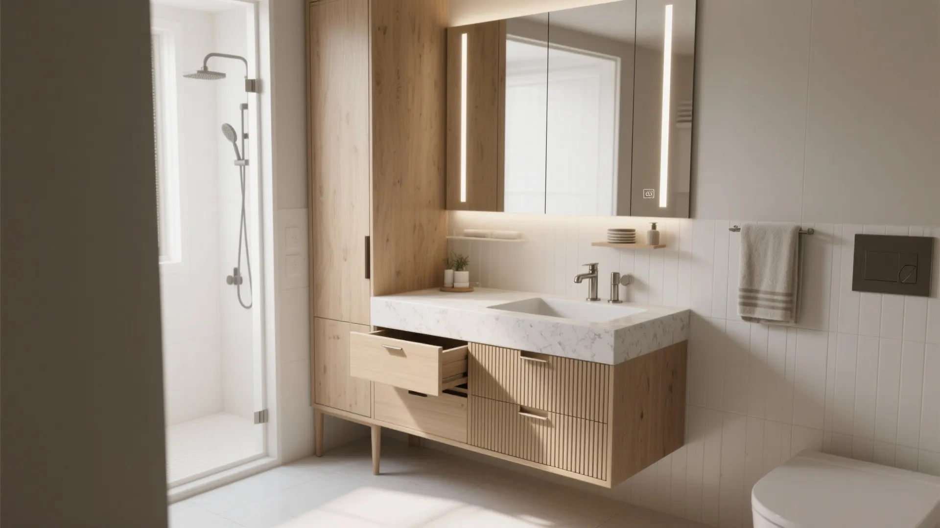 An L-Shaped Vanity with Built-In Storage