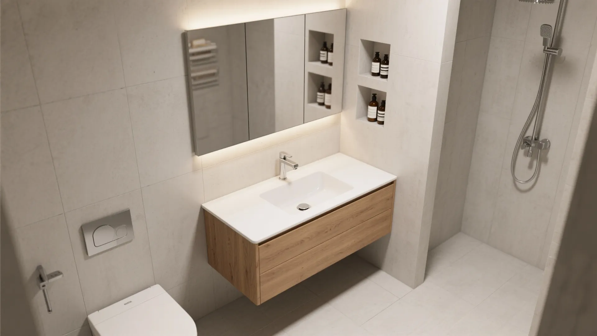 Modern bathroom with wooden cabinet white sink large mirror wall niches and grey tiled shower