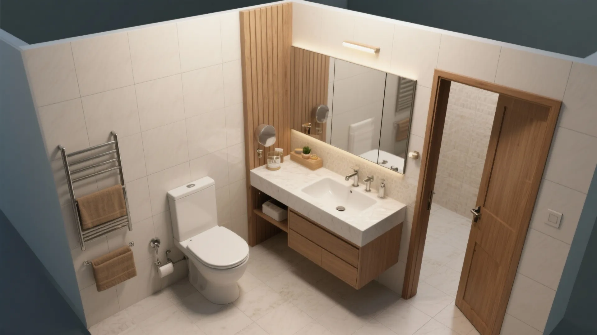 Modern bathroom with white toilet wooden cabinet marble sink large mirror and white wall tiles