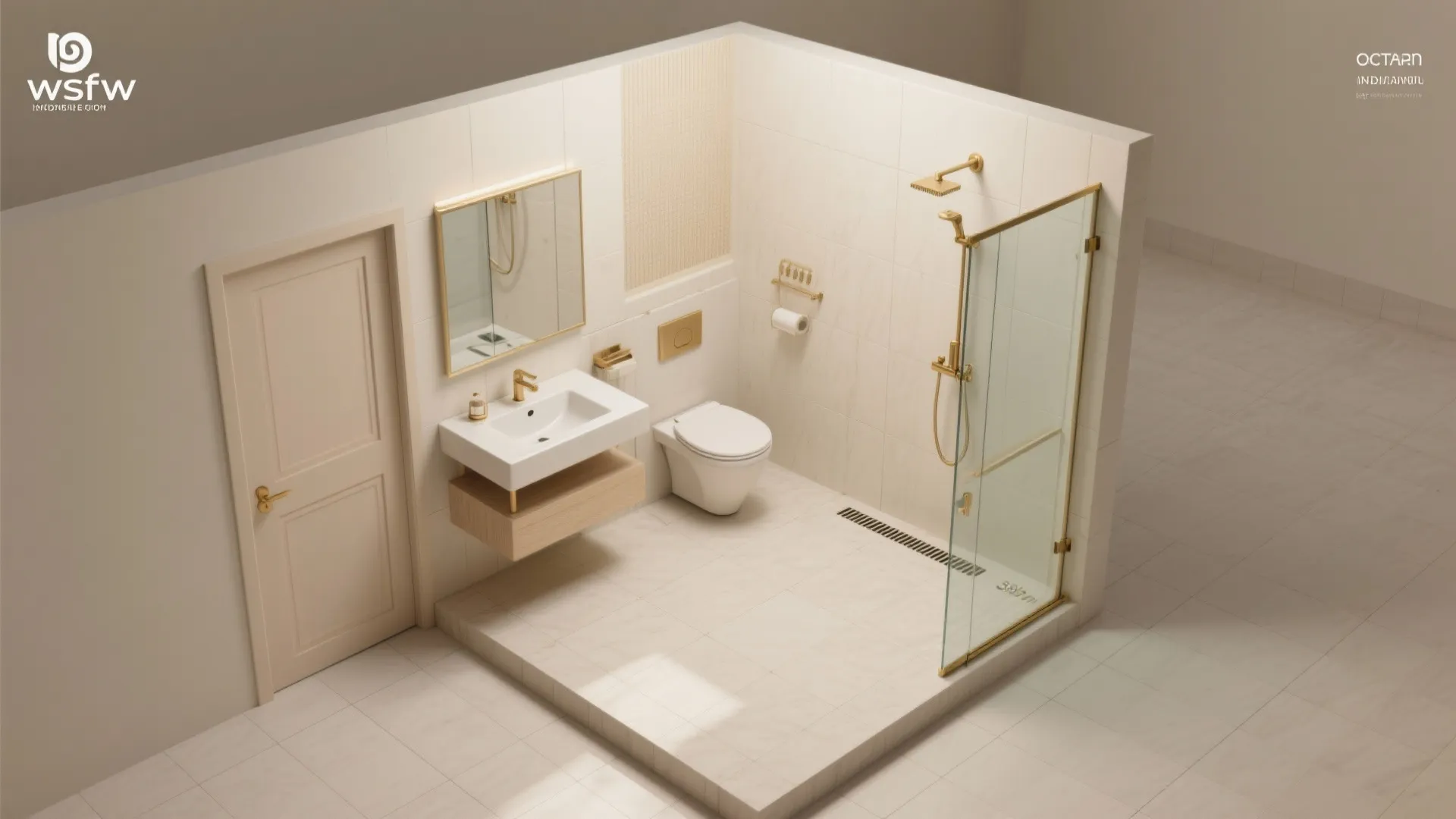 Modern cream bathroom interior design drawing with gold fixtures white toilet sink and glass shower