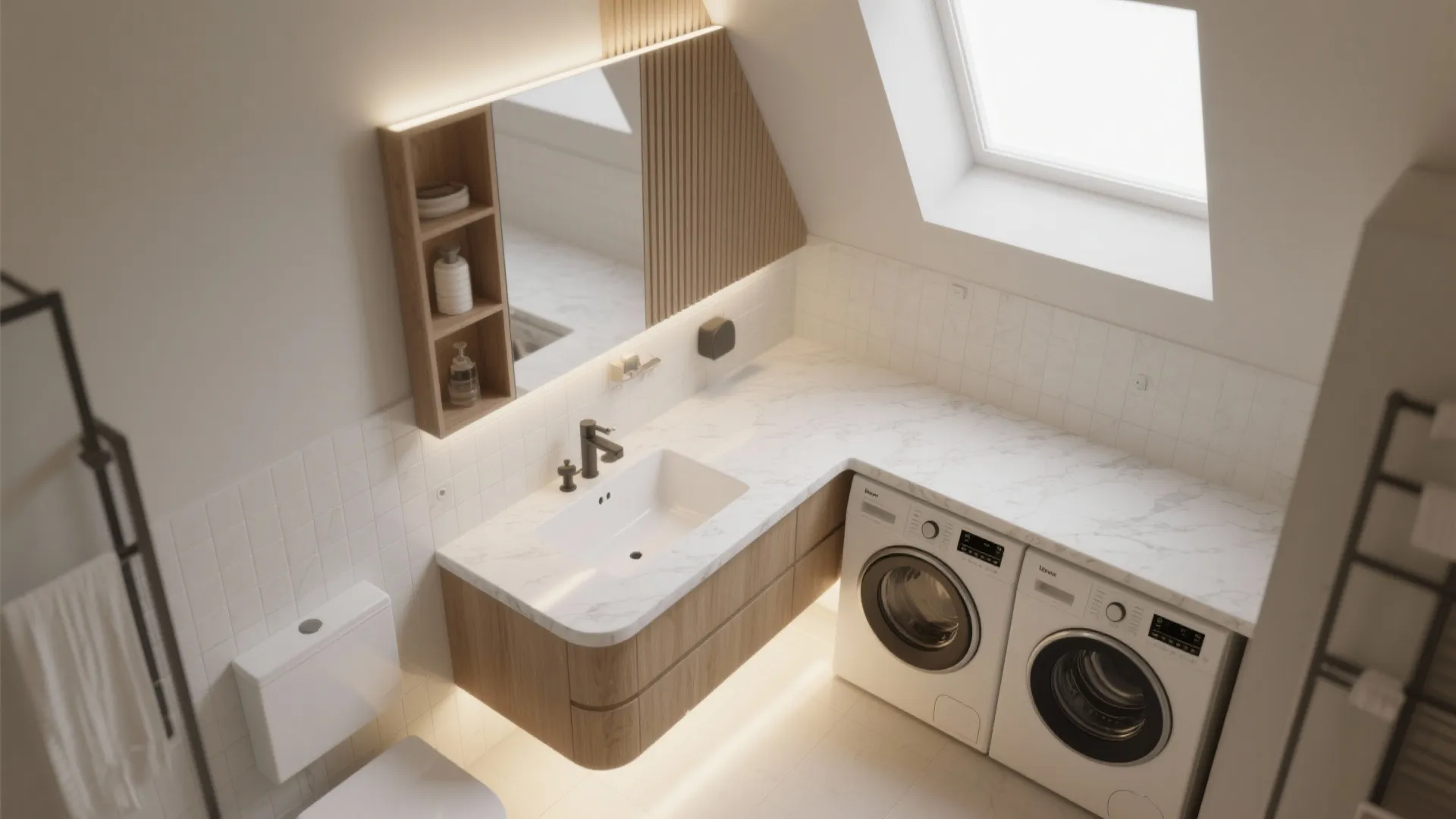 The L-shaped vanity–utility wall that organizes traffic