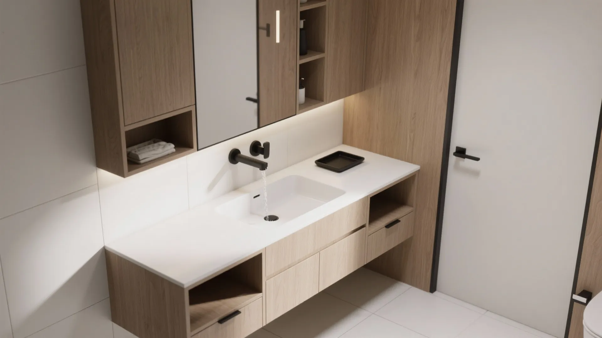Modern wood bathroom cabinet with white sink black faucet mirror and bright warm white lighting