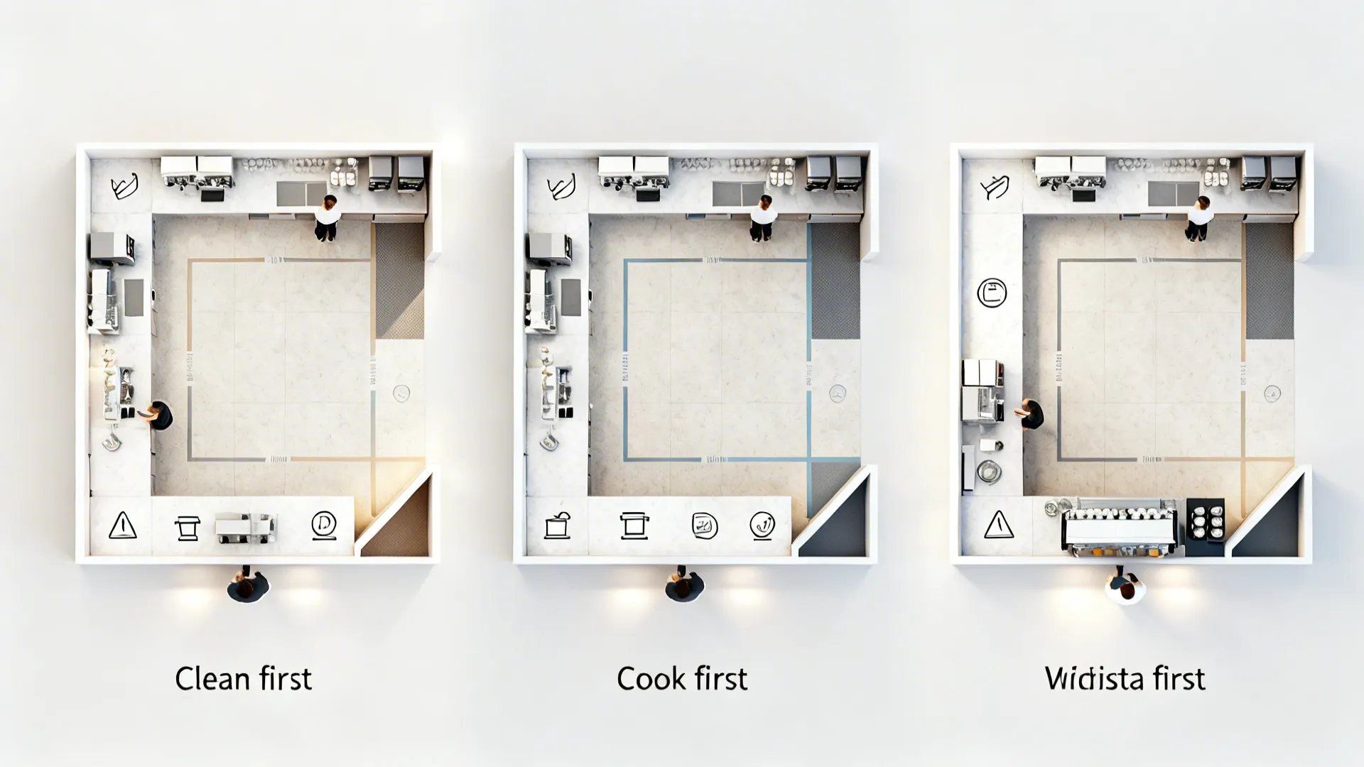 Top-down comparison of three compact L-shaped kitchen layout variants with clear zones and aisles.