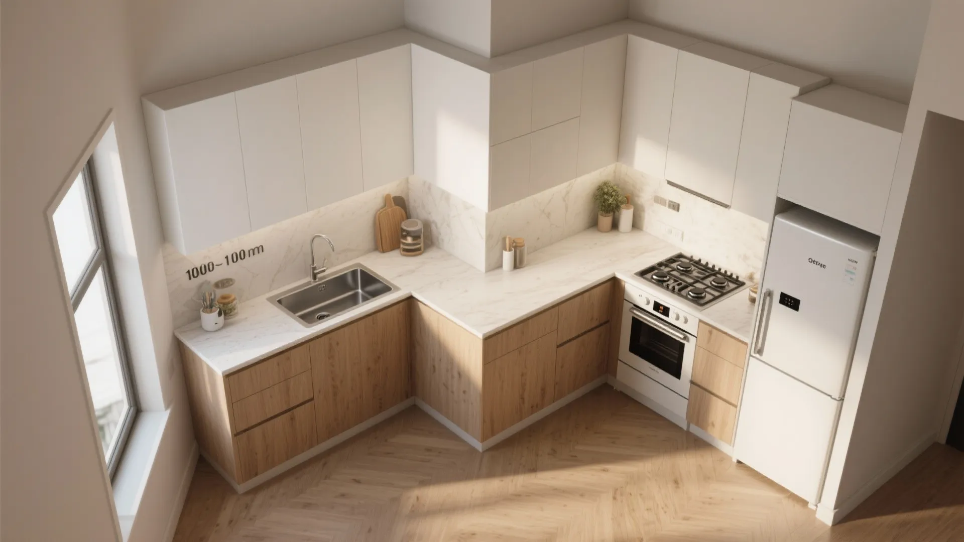 Modern L-shaped kitchen featuring white upper cabinets, light wood lower cabinets, and white marble countertop