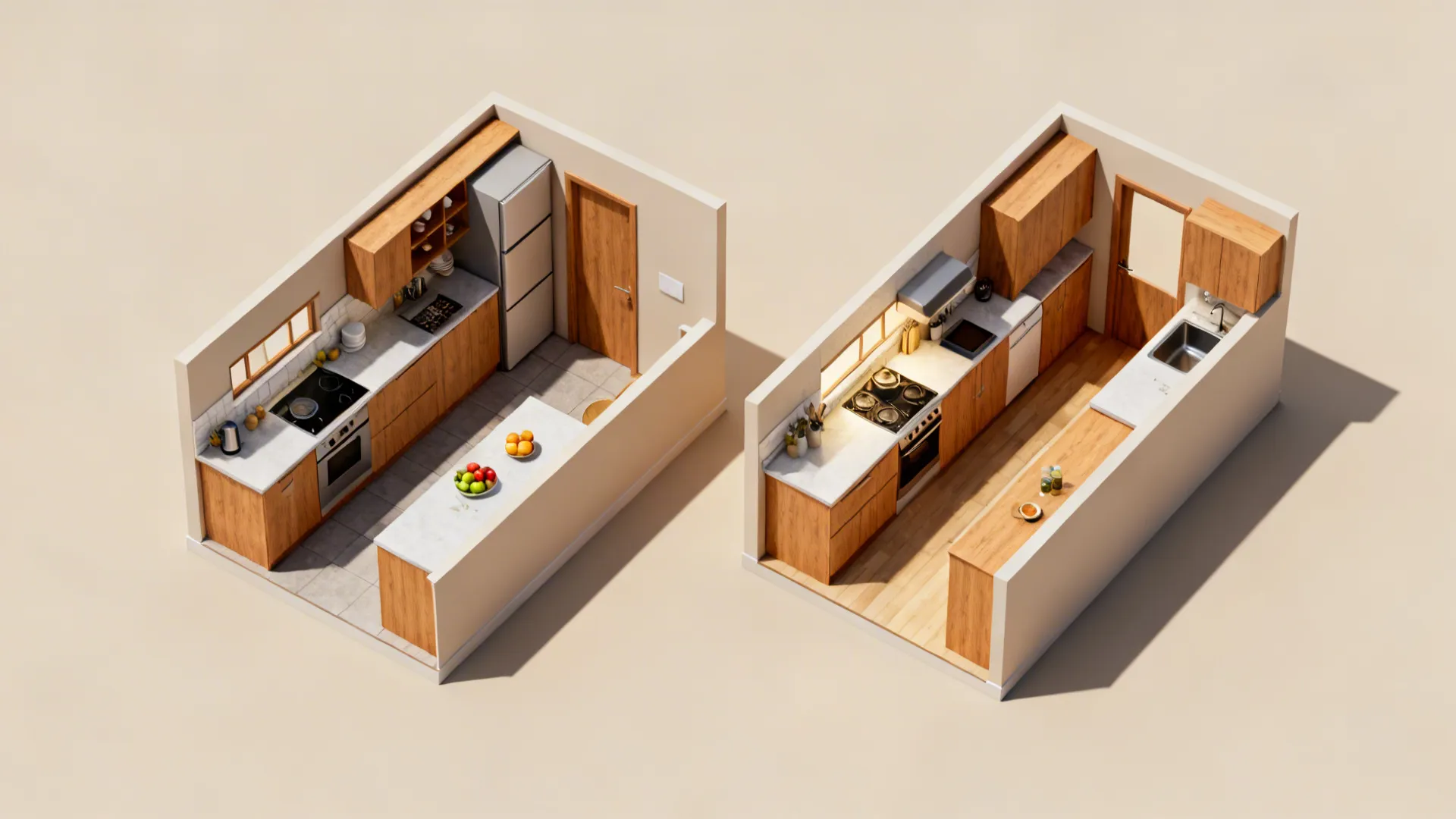 Top-down comparison of L-shaped and galley small-kitchen layouts with clear work zones.