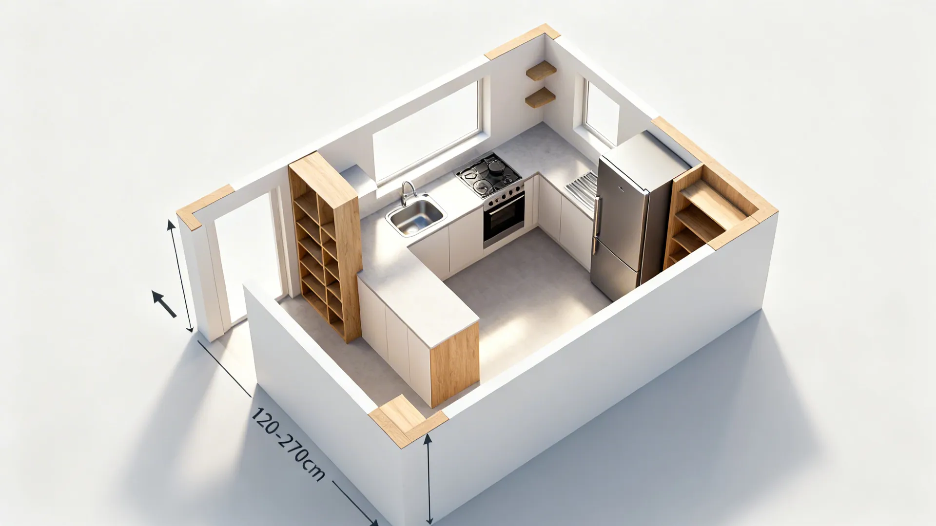 Top-down layouts showing L-shape and parallel galley with a compact work triangle and corner storage.