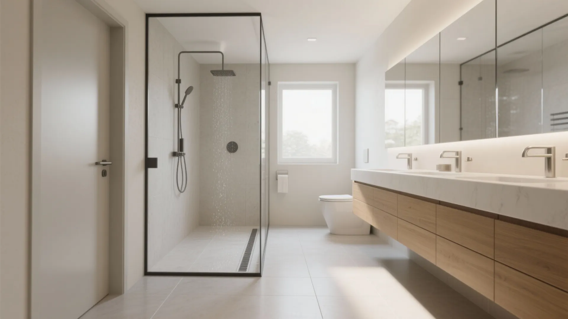 Spacious white bathroom featuring a glass walk in shower wooden cabinet and long marble sink