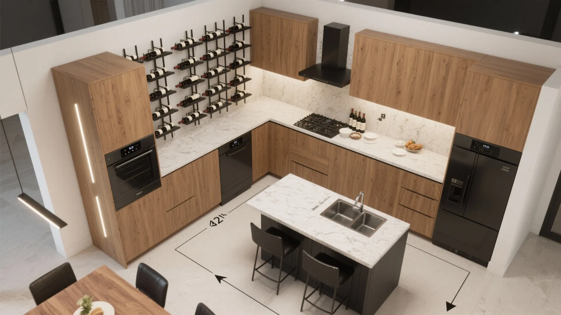 L-Shaped Wine Wall That Flows with a Small Kitchen