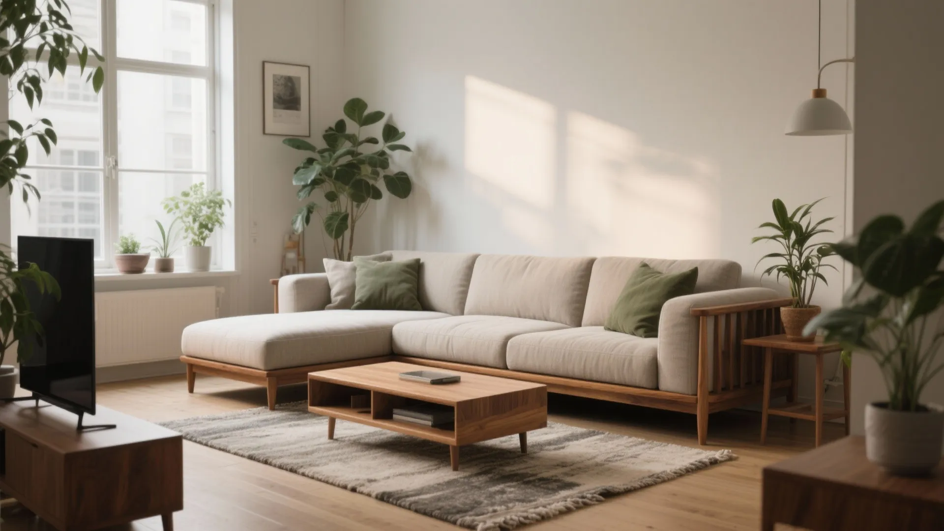 Bright living room with L-shaped sofa wooden coffee table patterned rug green plants and hanging light