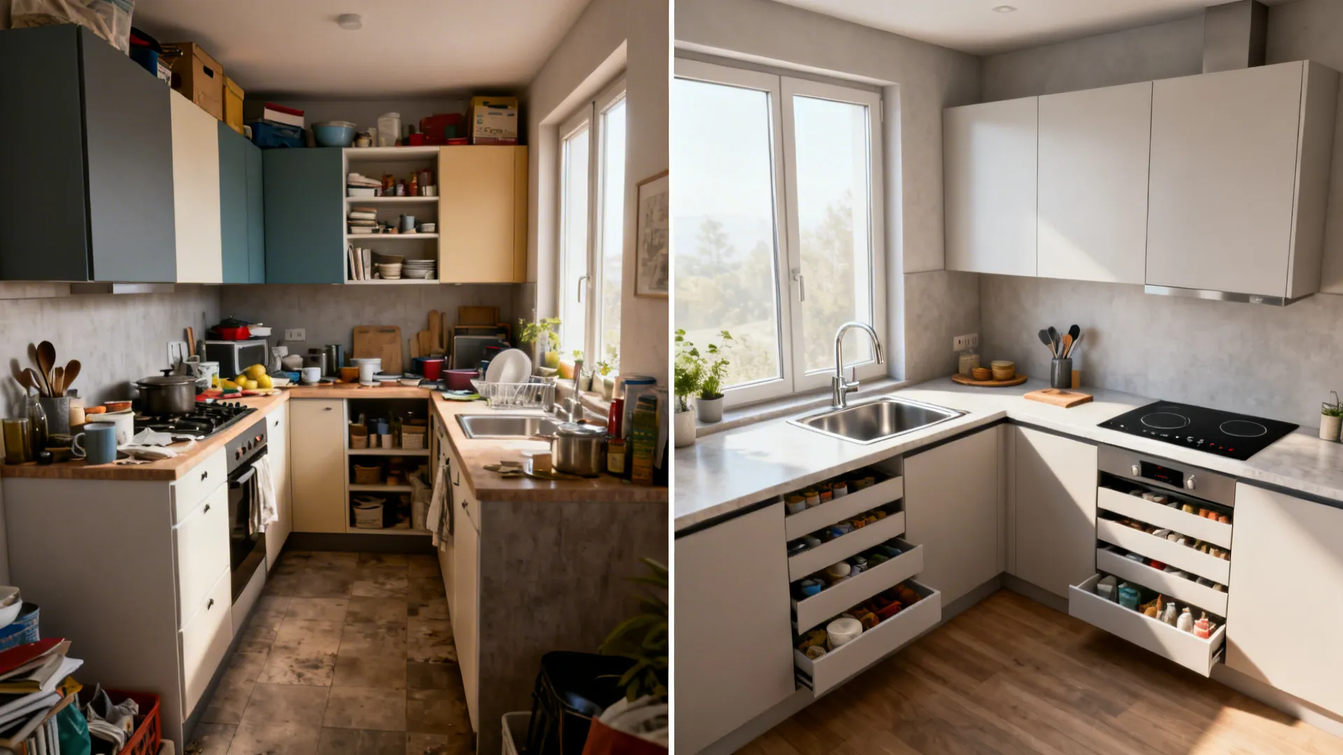 Before-and-after split showing improved L-shaped kitchen workflow and organization.