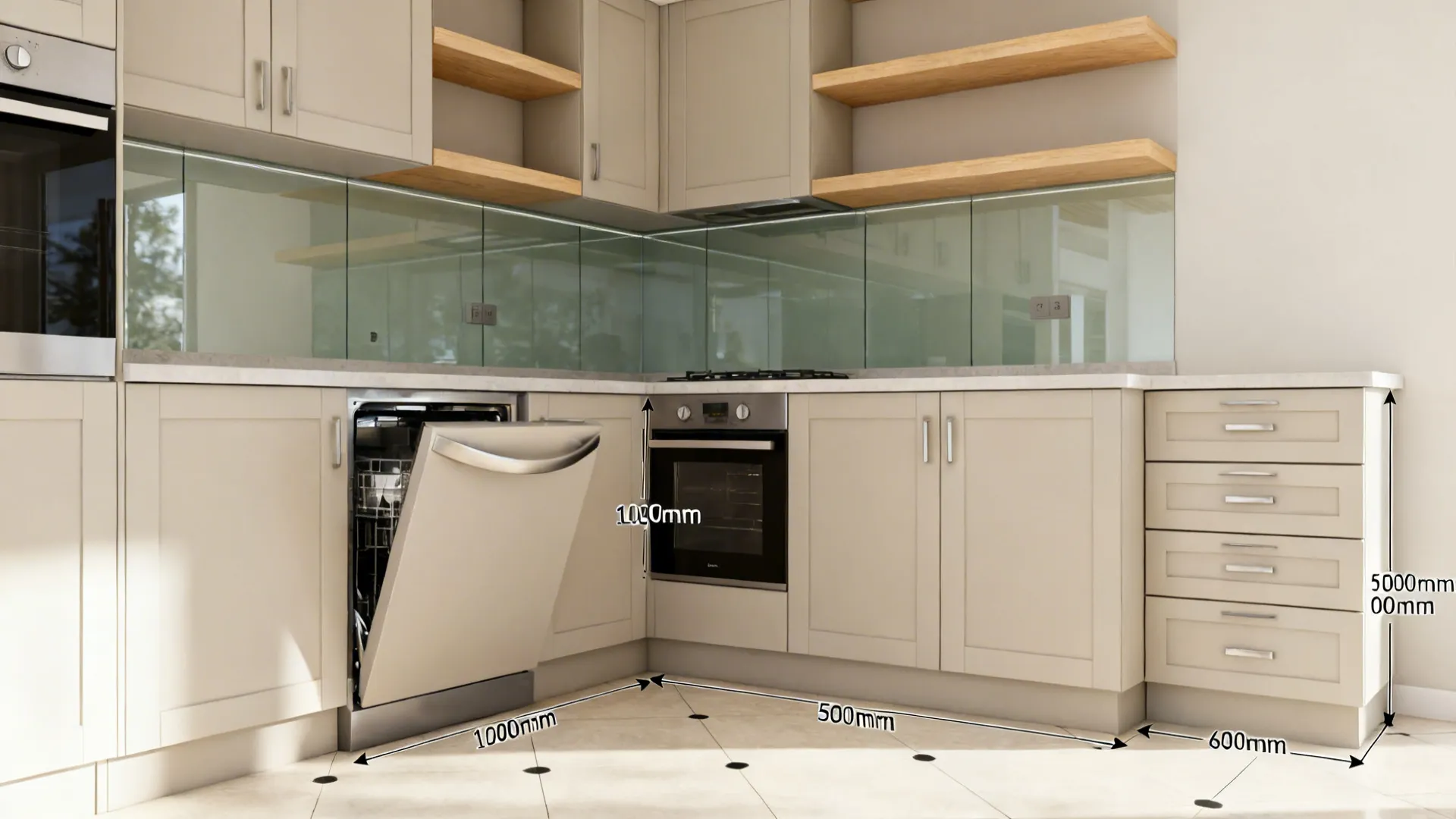 Wide-angle view of a compact L-shaped kitchen with clear aisles and appliance door swing space.