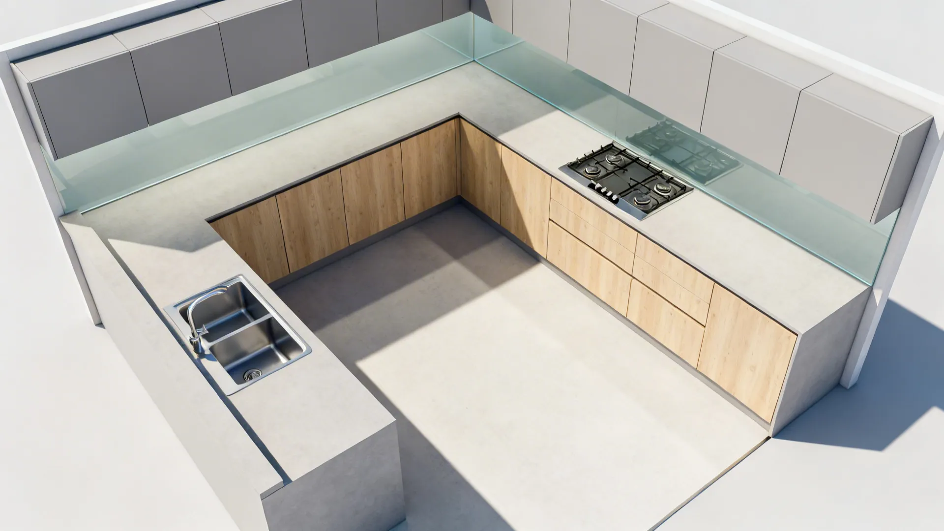Top-down render showing clear cleaning, prep, and cooking zones in a compact L-shaped kitchen with a wide aisle.