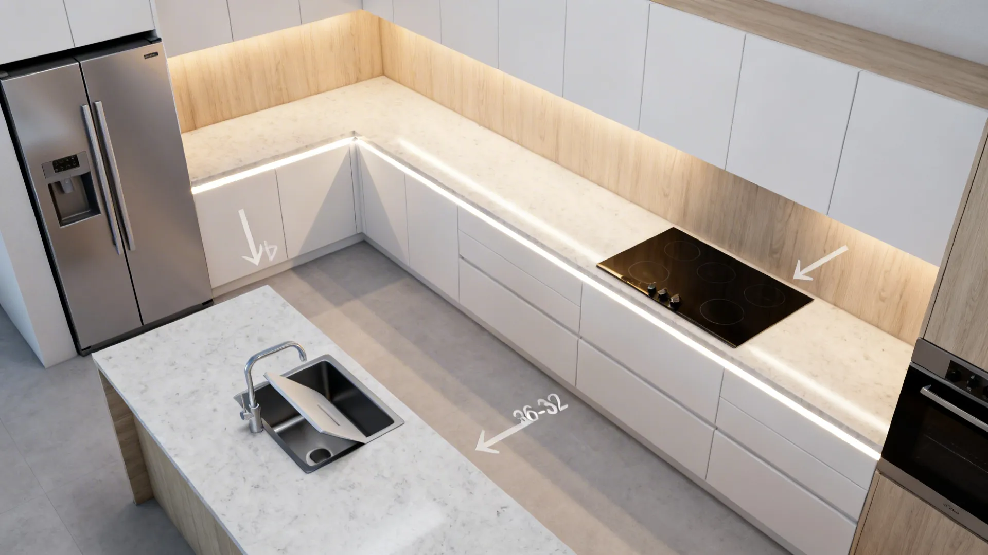 Top view of a modern kitchen design with white cabinets marble island sink stove and fridge