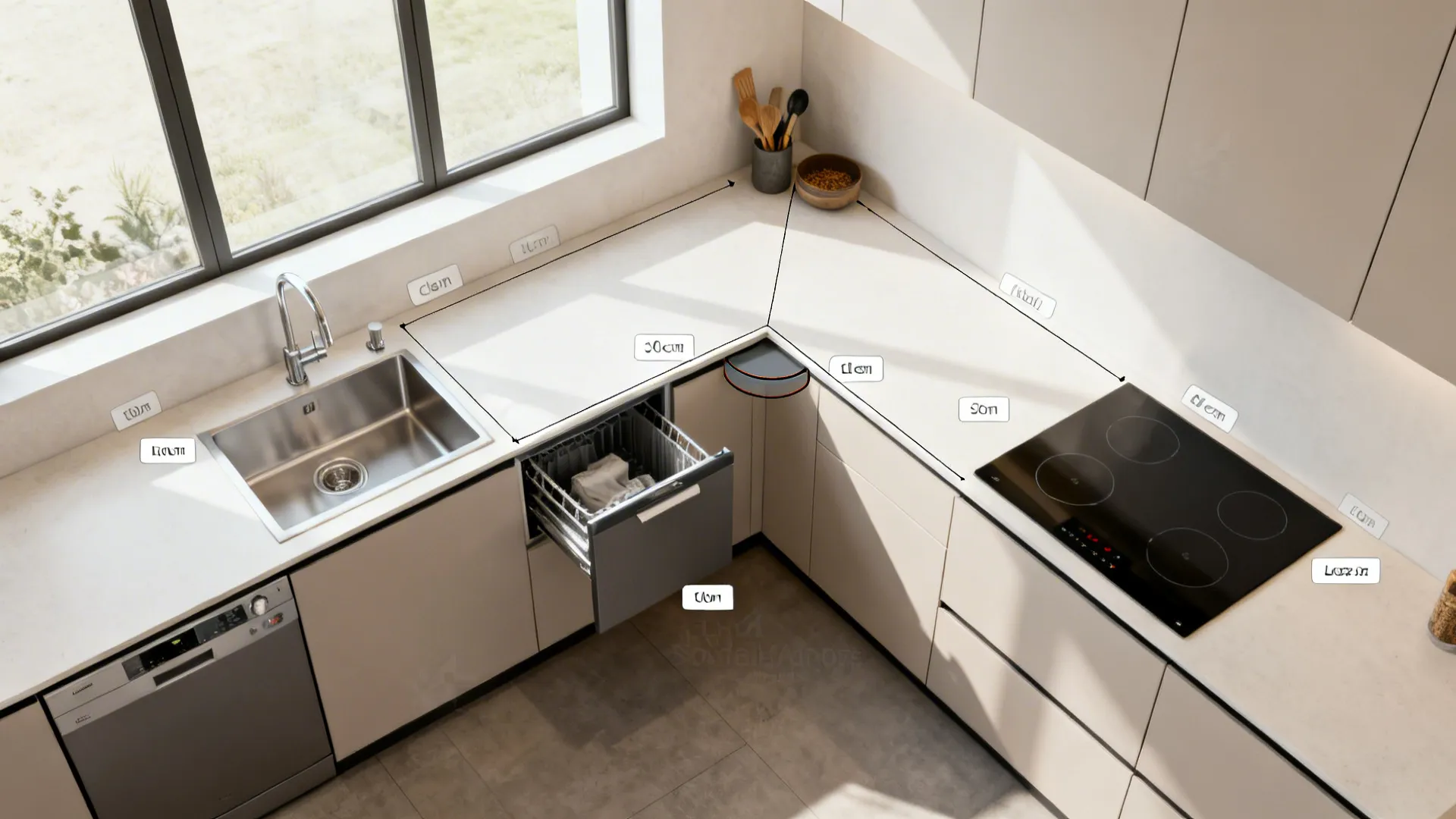 Top-down view of L-shaped kitchen with sink, prep zone, and cooktop arranged for smooth flow.