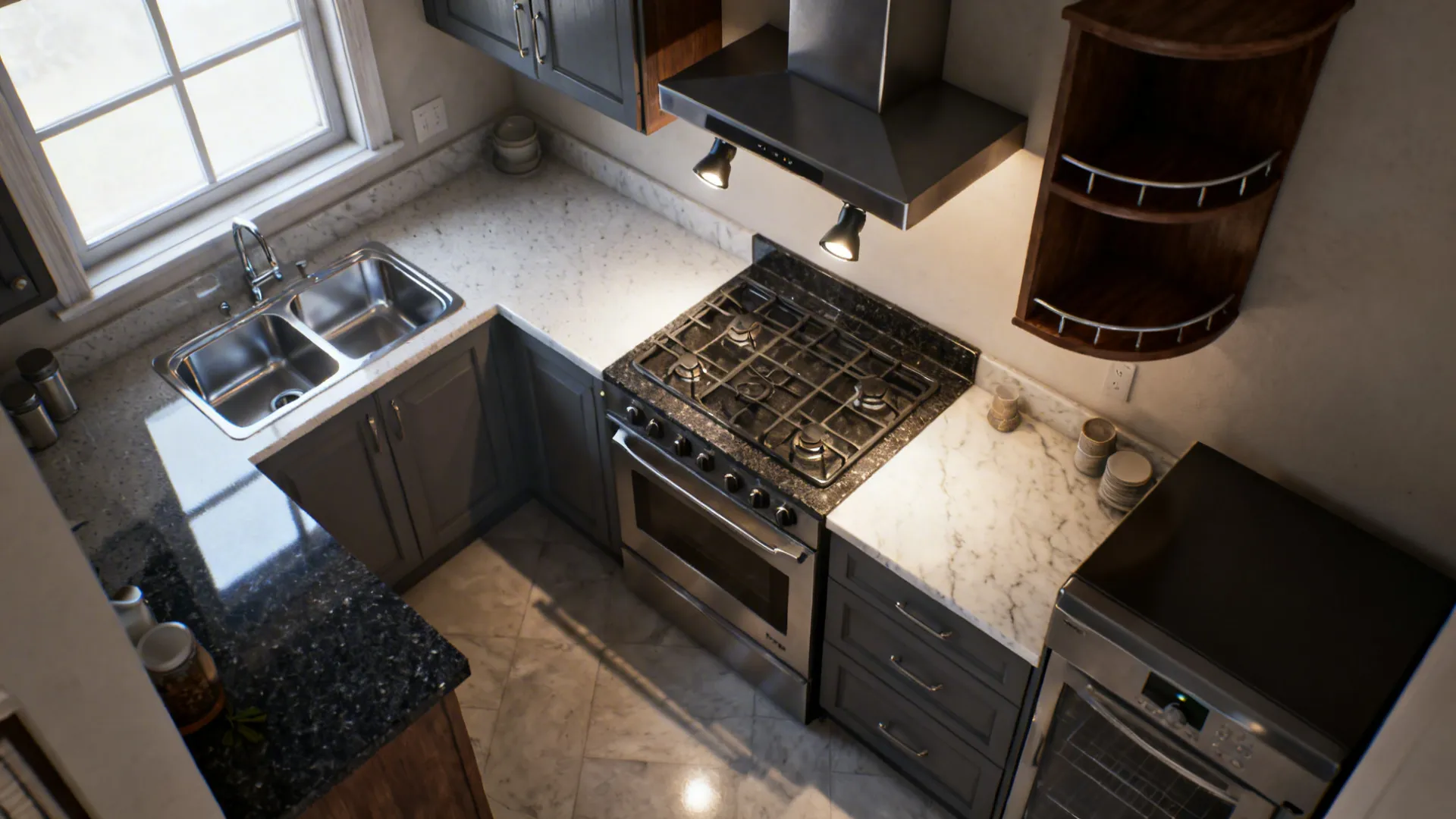 Top-down L-shaped kitchen plan with hob on west run, prep on south, sink in north-west.