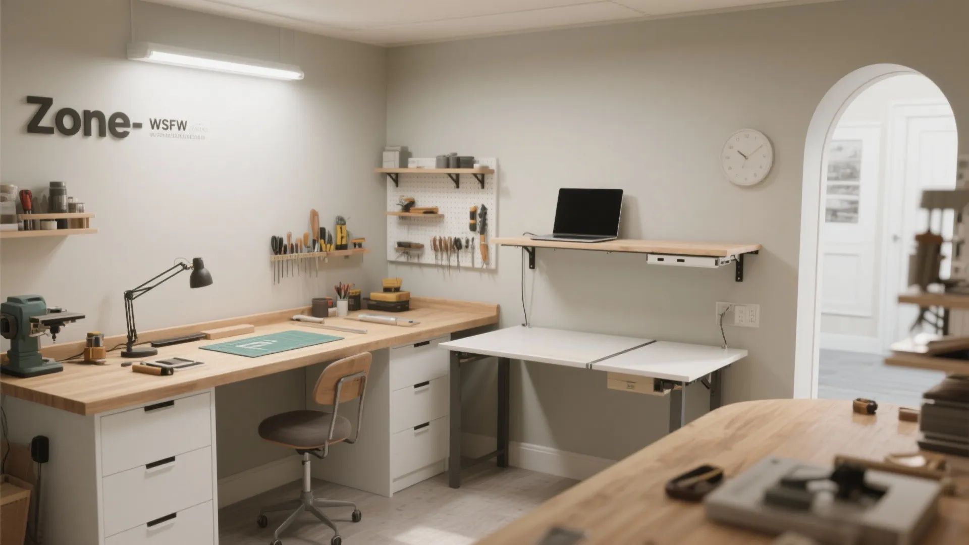 Zone-first L-shaped workstation with a fold-down table