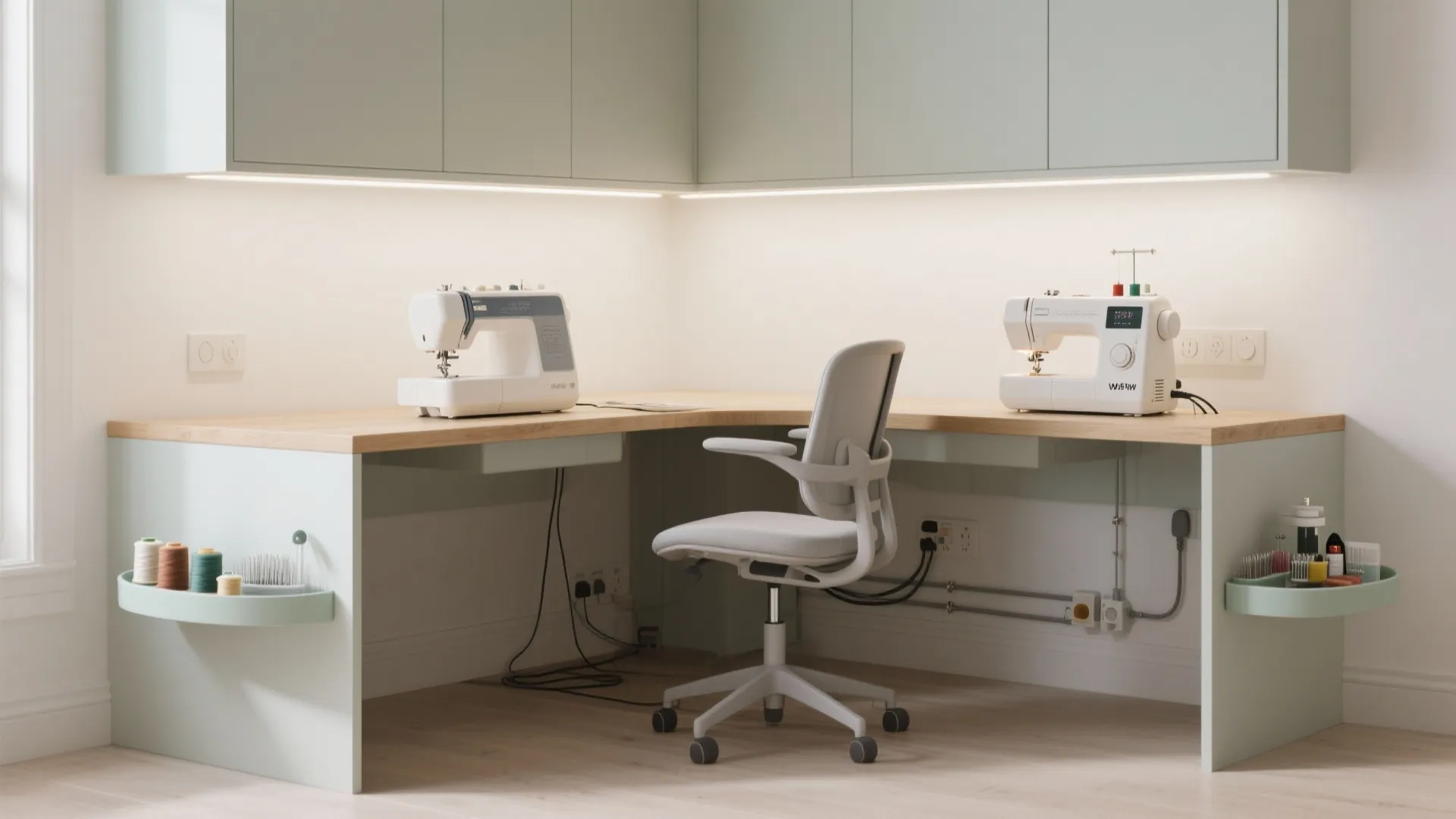 Modern sewing workstation with two machines on a wooden corner desk and light green cabinets