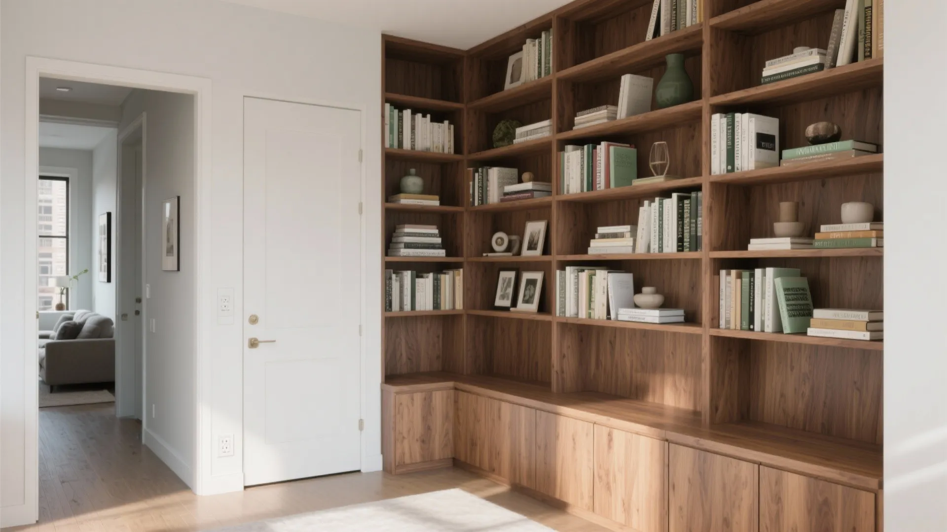 Large wooden corner cabinet bookcase with many books and decorative items next to white door
