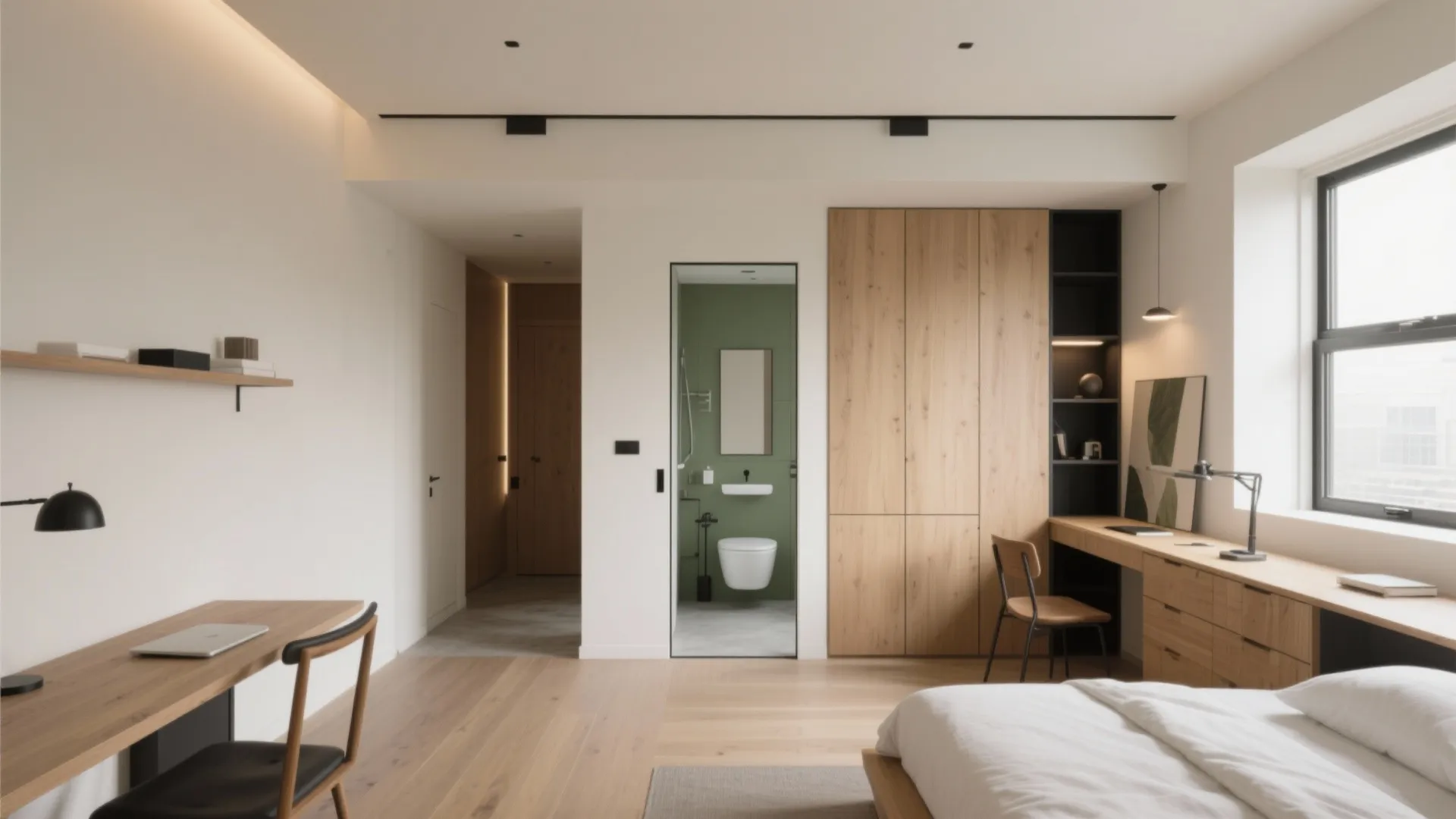 Modern studio apartment with wooden desk white bed wooden cabinet and a view of green bathroom