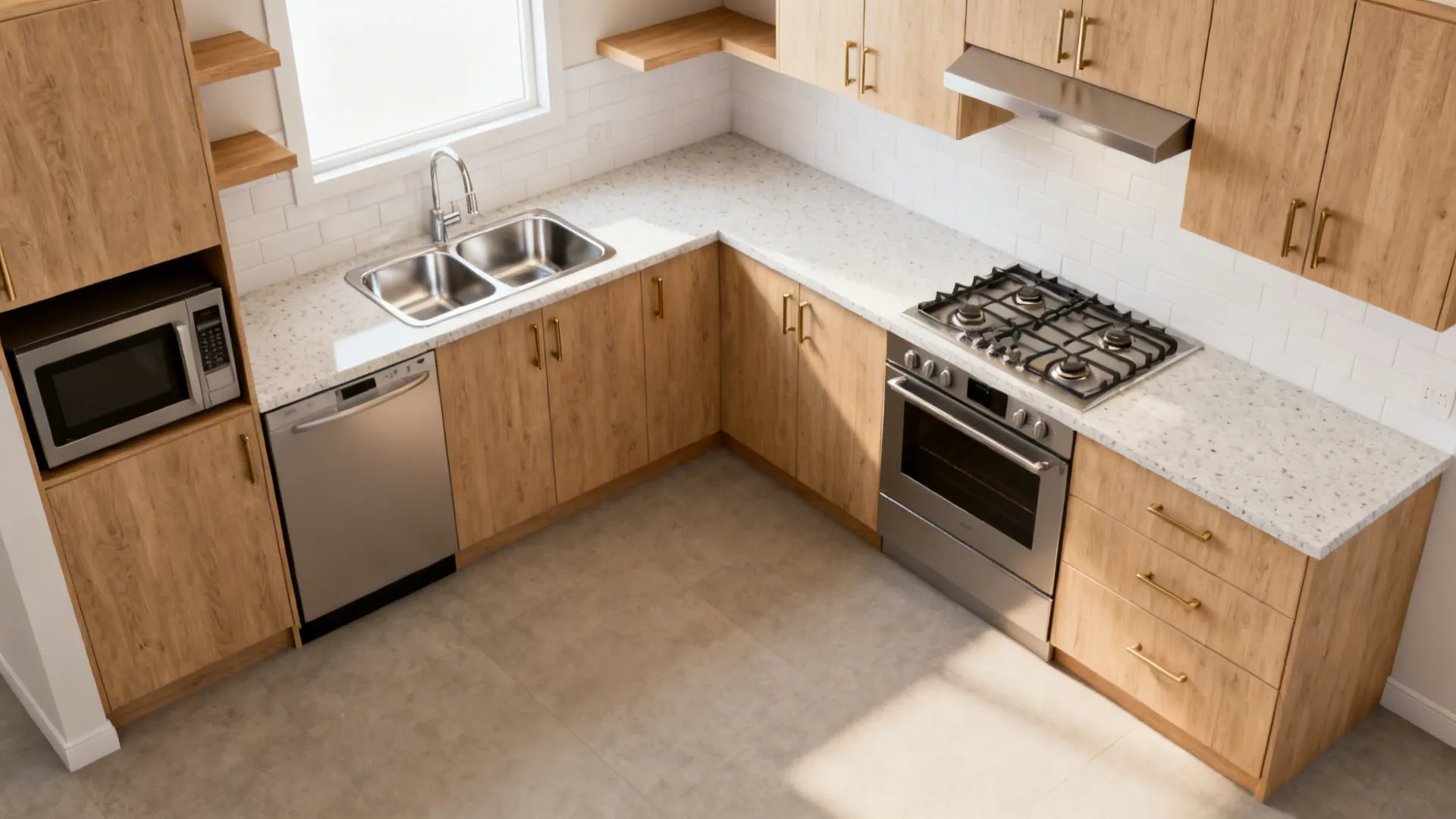 Top-down view of an L-shaped kitchen showing clear prep, cooking, and cleanup zones.