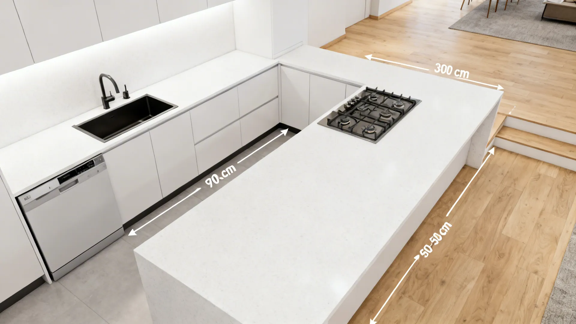 Top-down view of an L-shaped kitchen zoning plan with wet zone on the short leg and prep-cook on the long leg.