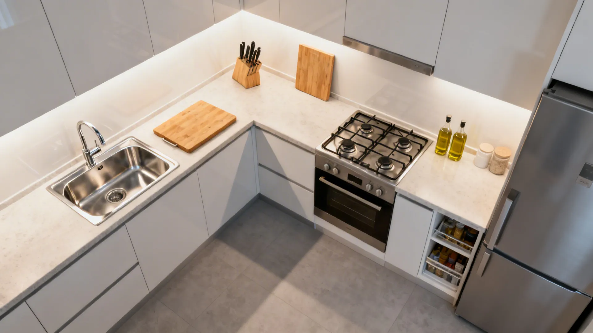Top-down L-shaped kitchen showing cleaning, prep, cooking, and pantry zones arranged efficiently.