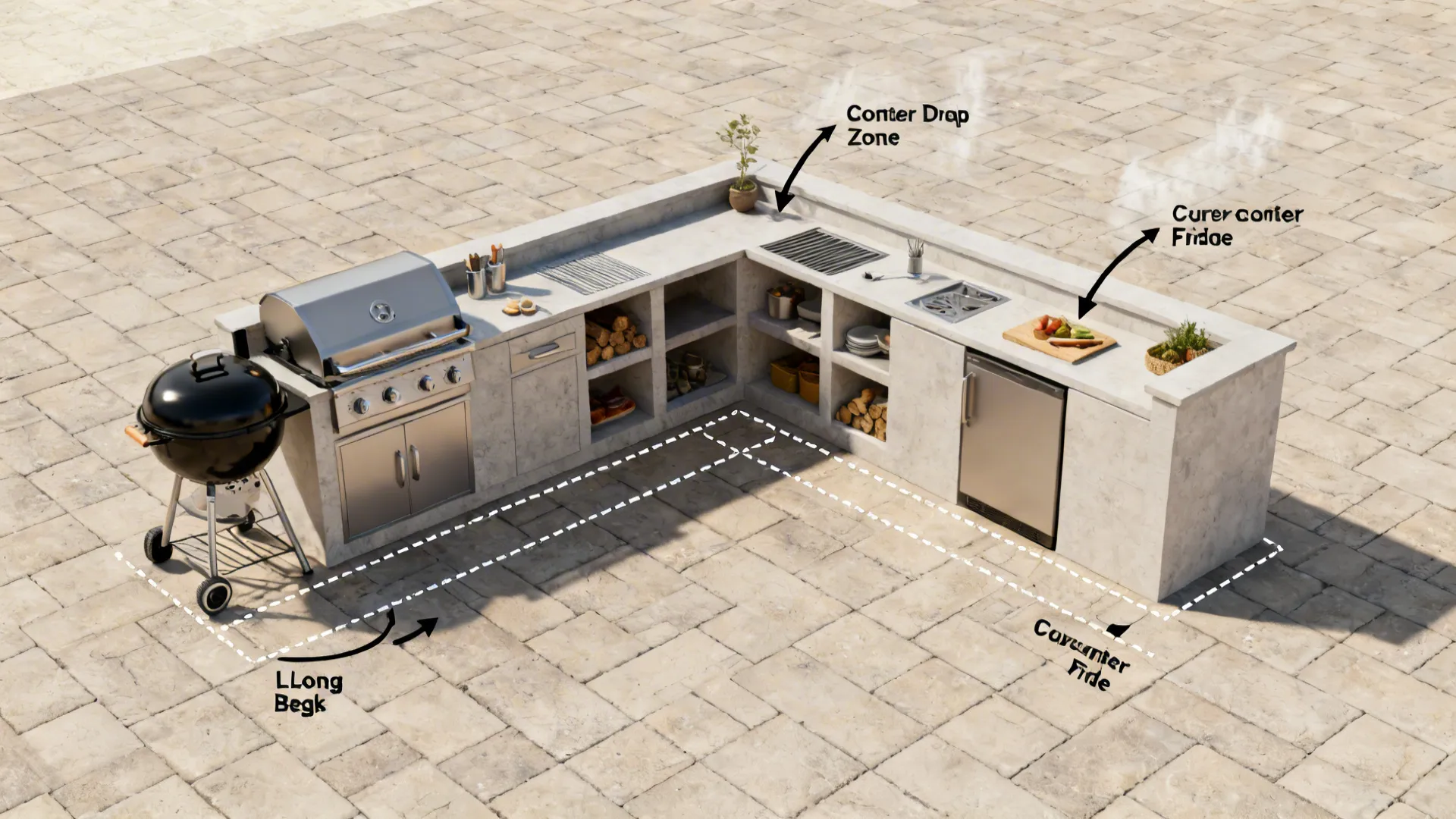 Top-down view mapping grill, smoker, prep, and clearance zones in an L-shaped layout.
