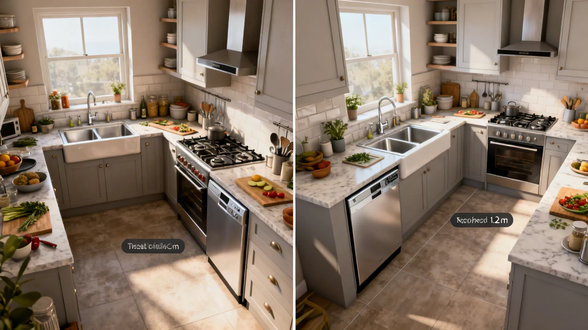 Before-after comparison of L-shaped kitchen showing improved zoning and a longer continuous prep area.