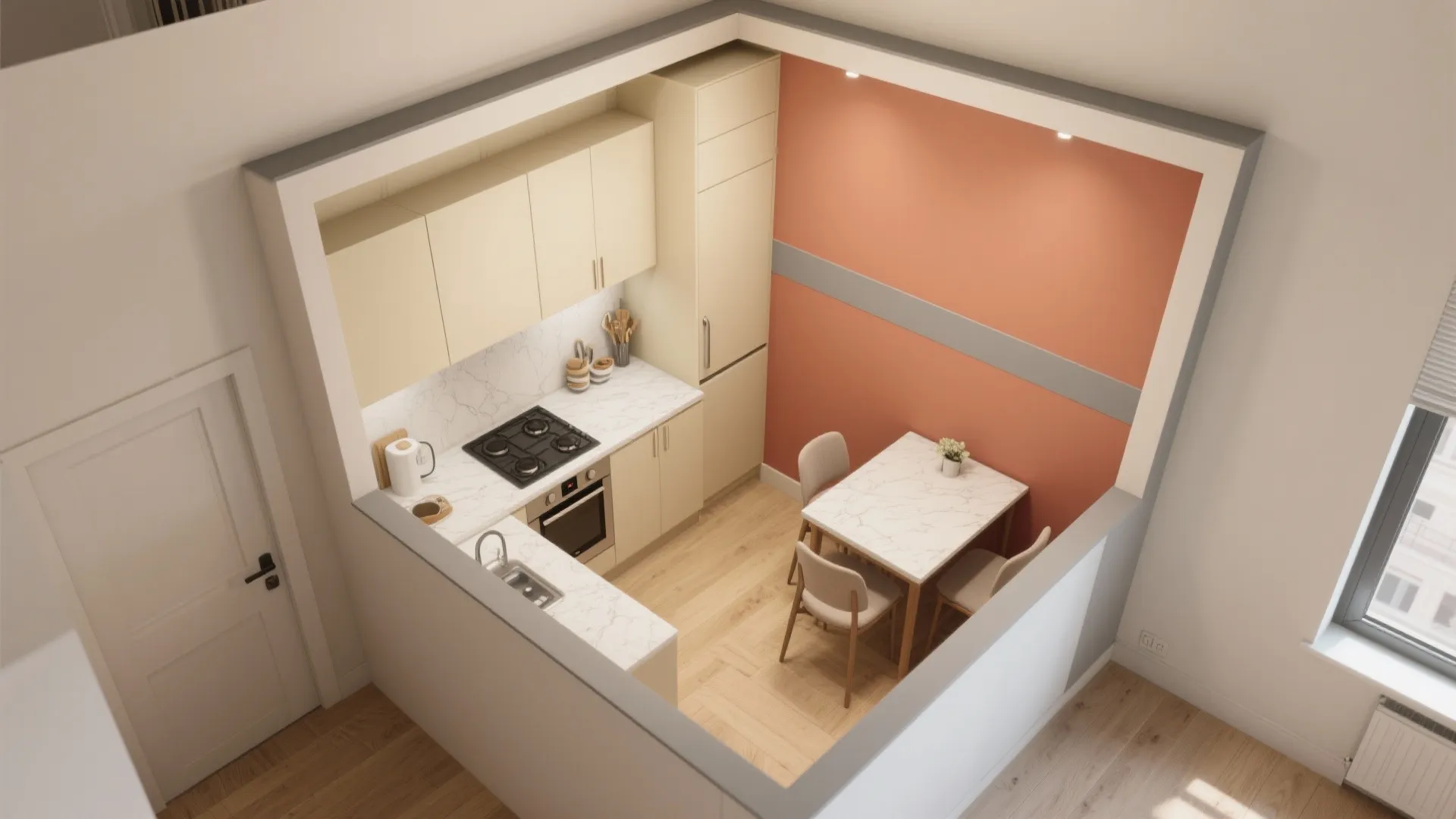 L-shaped small kitchen with smart color zoning