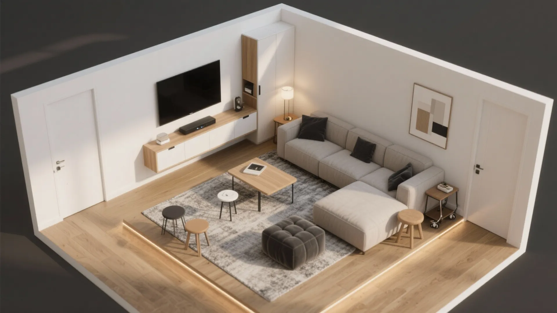 Modern living room layout with grey sofa wood flooring television white walls and large area rug