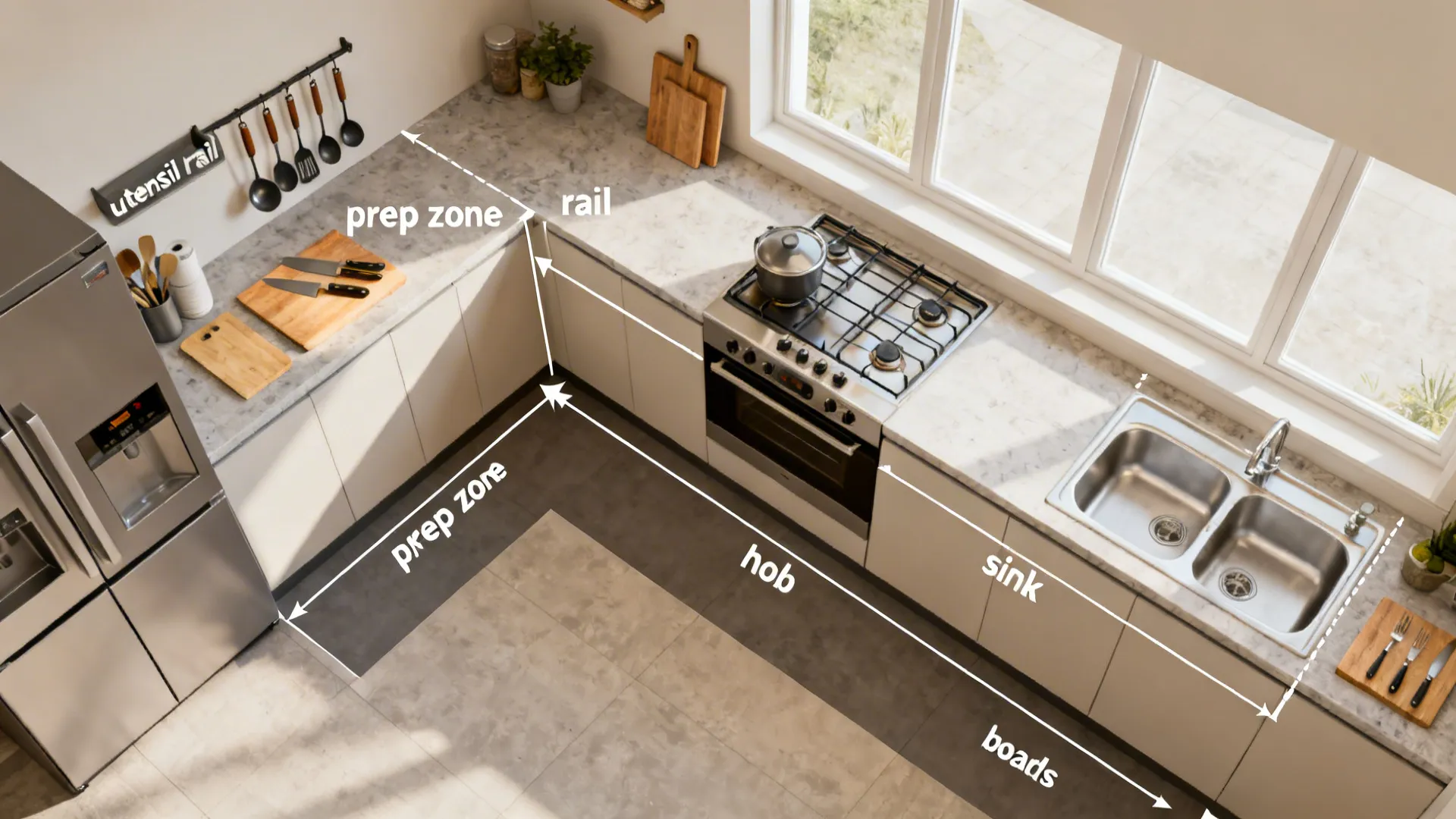 L leg zoning: prep, cook, clean in sequence