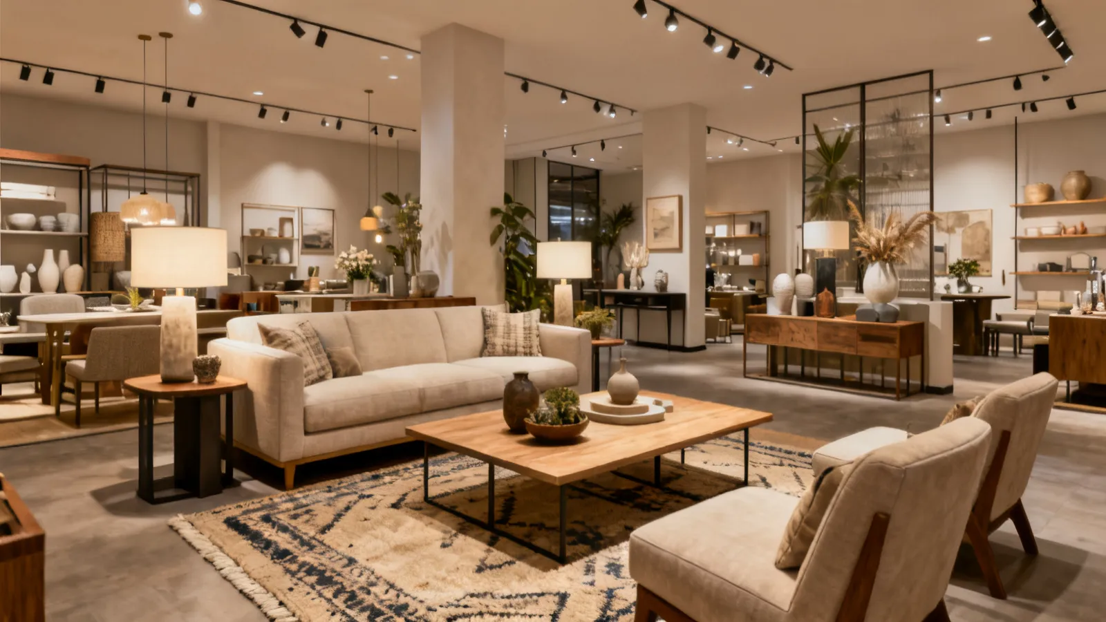 Curated furniture and decor display inside a Los Angeles home decor store