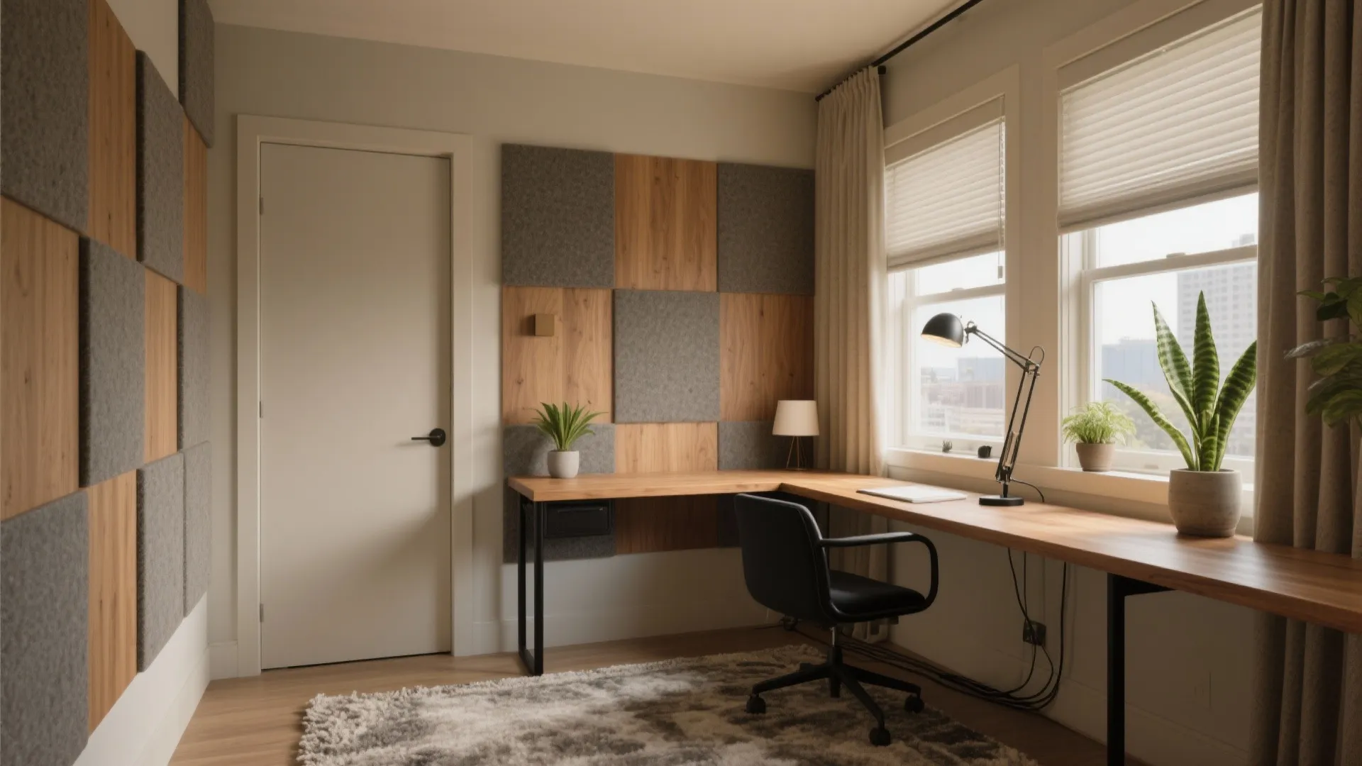 Simple study room with wooden corner desk and black chair plus grey wall panel design
