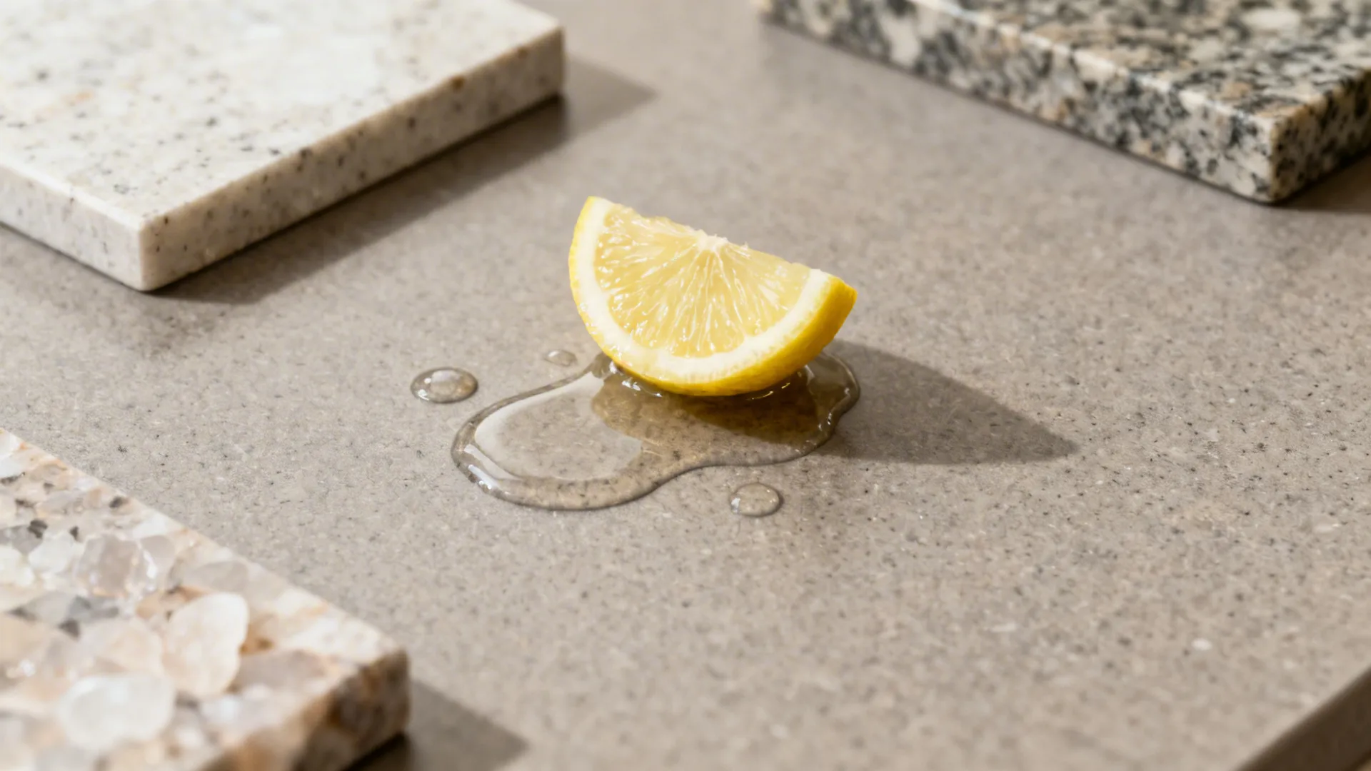Macro of warm-grey porcelain beading liquid beside a lemon slice, suggesting acid resistance.