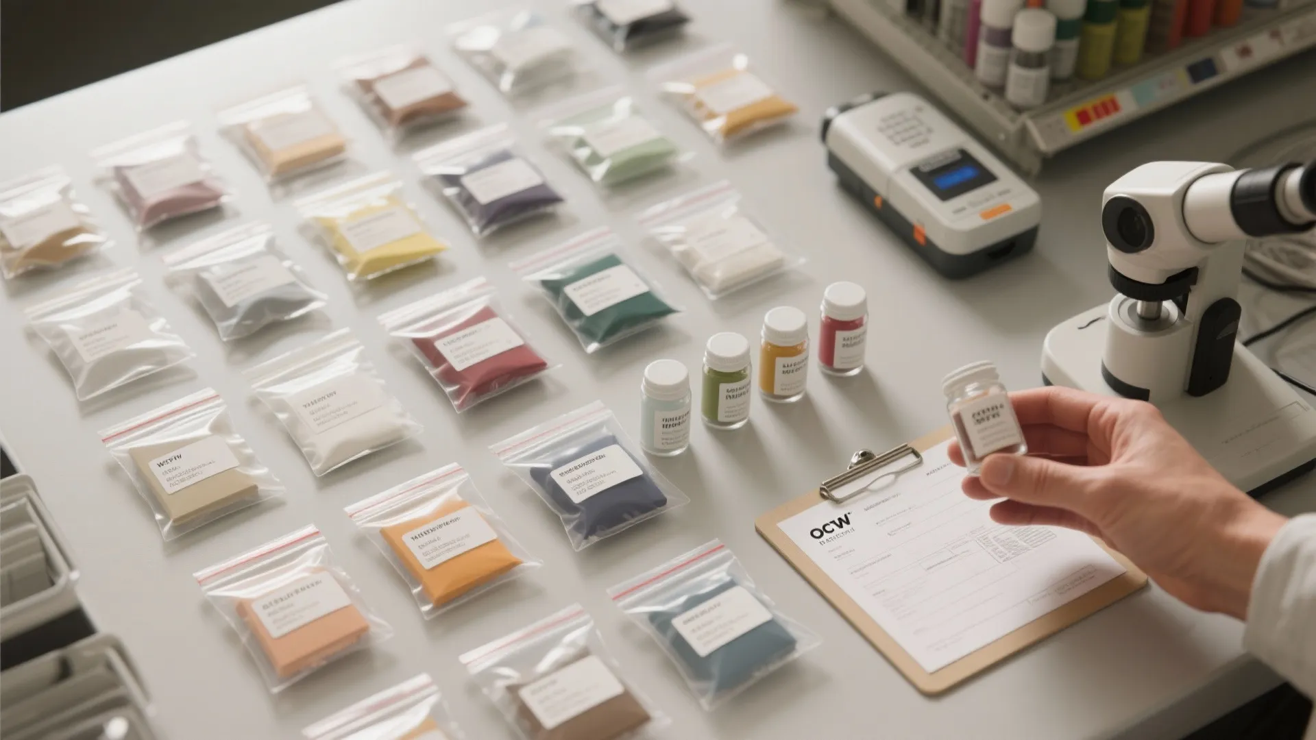 Hand holding small bottle near paint pigment samples on table with tools and a microscope