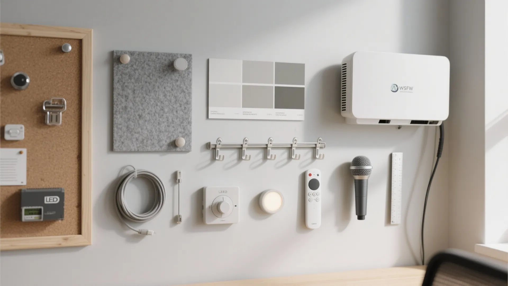 Flat lay with matte paint chips, felt tile, magnets, cable clips, LED driver, dimmer, and projector remote for lab walls.