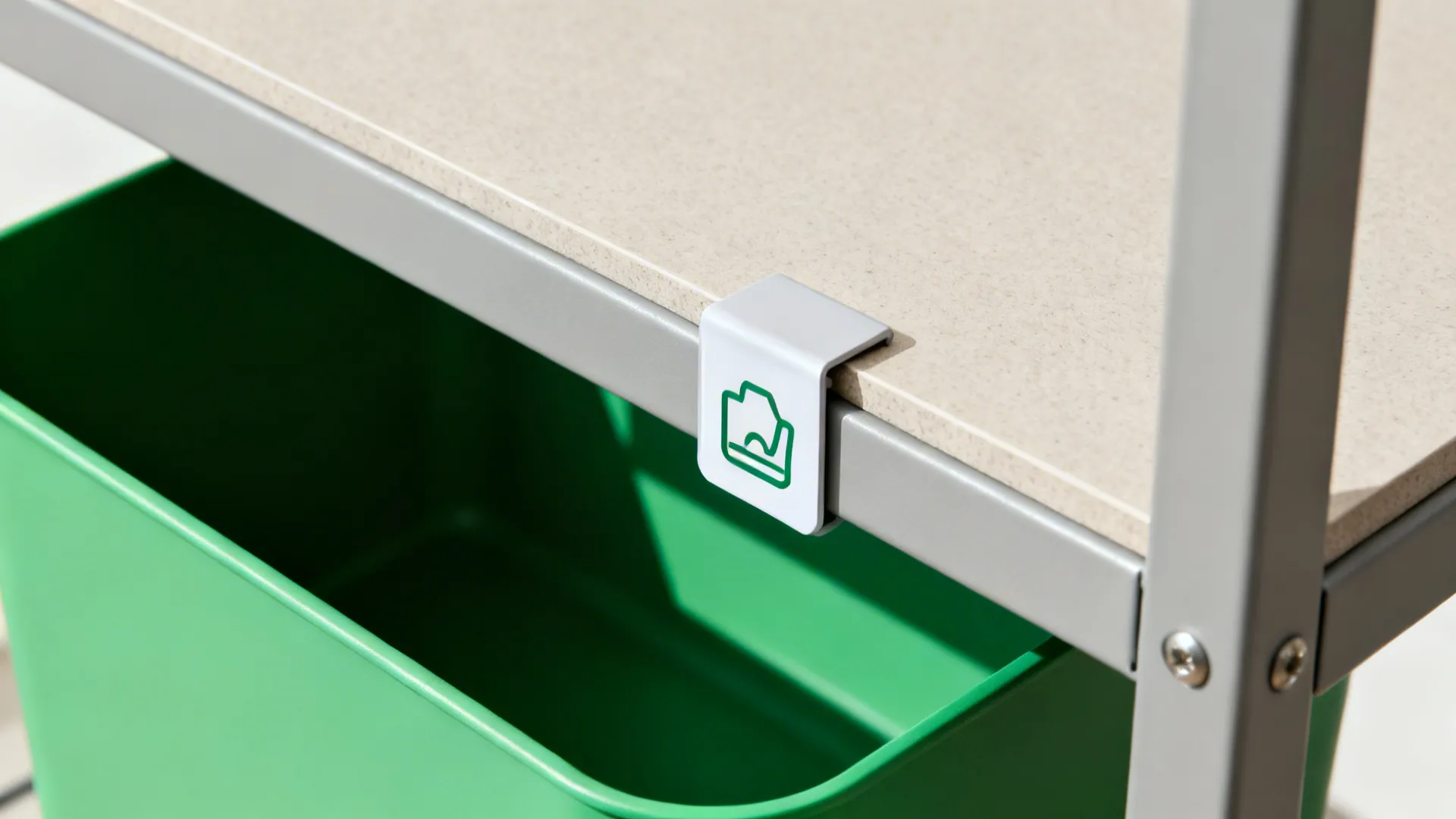 Macro of a color-coded bin with an icon label on a powder-coated shelf, showing cleanable textures.