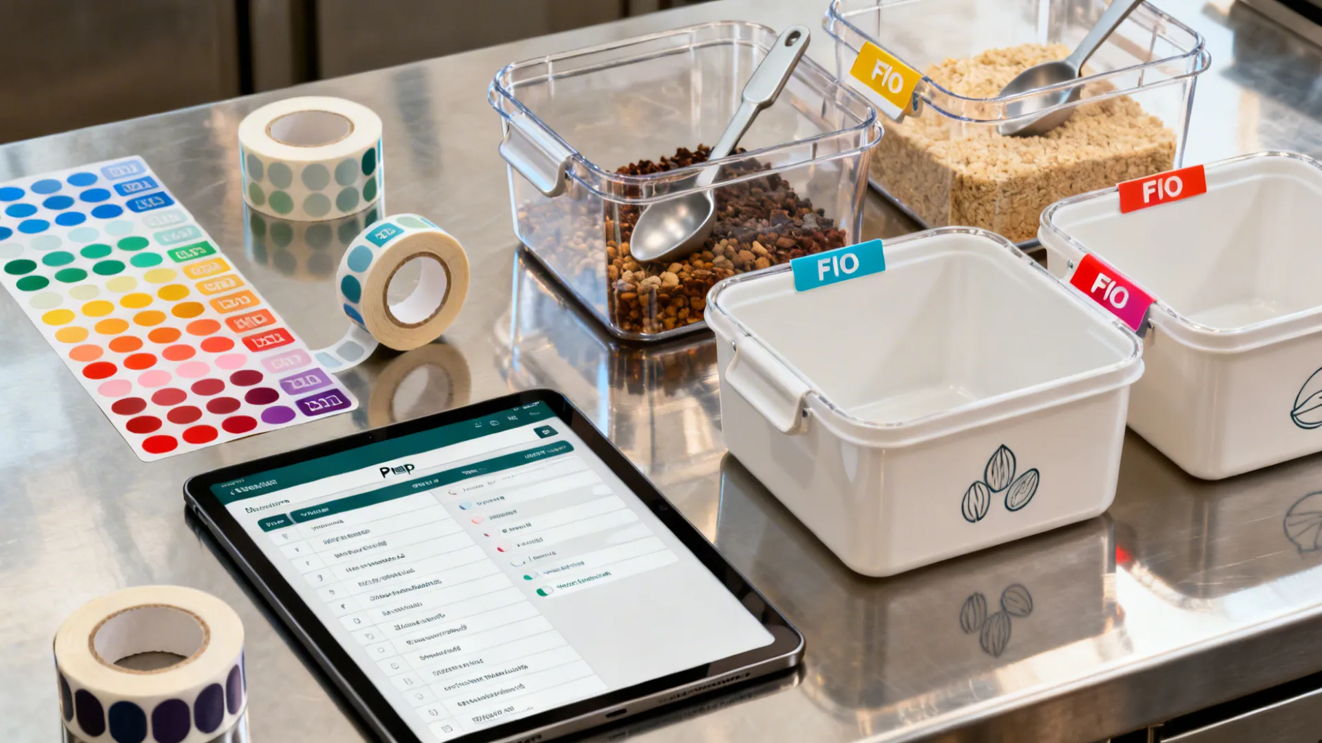 Flat lay of dissolvable labels, clear bins with scoops, FIFO tags, and a tablet prep checklist on stainless.