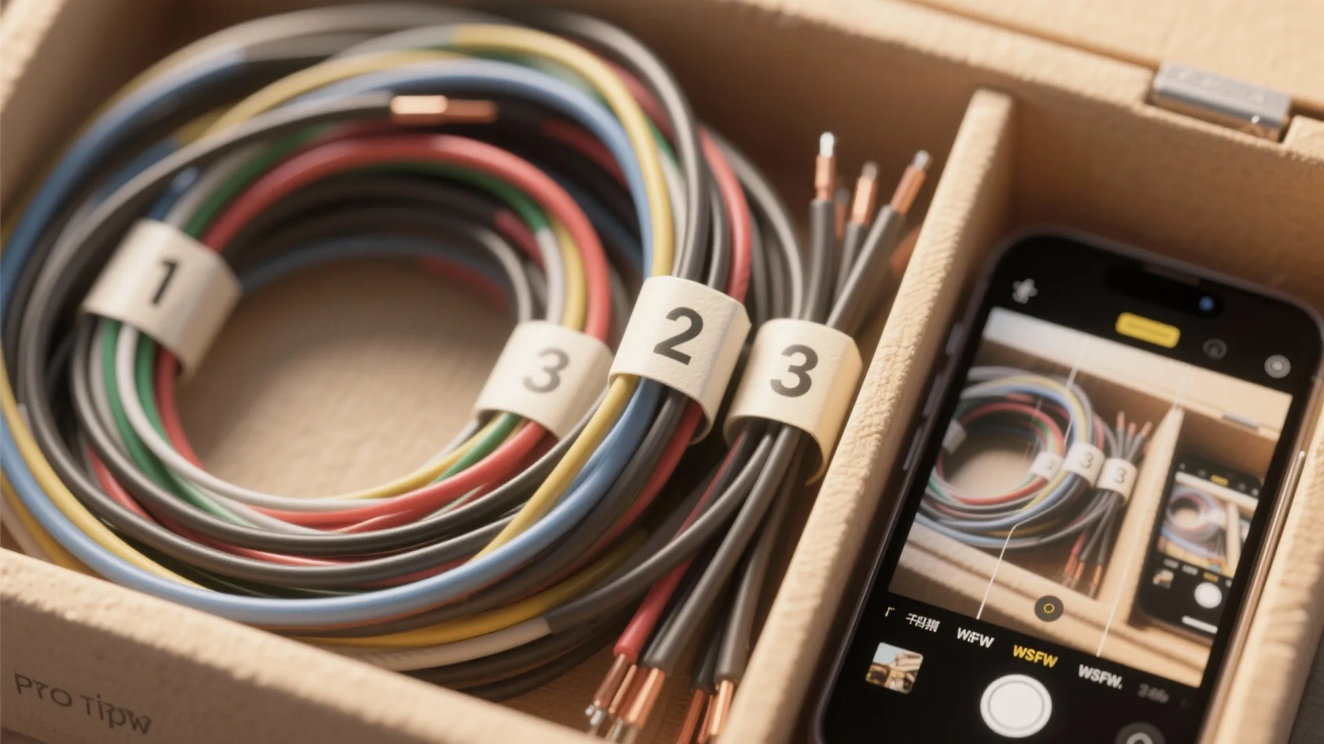 Bundled colored electric wires with numbered labels and a phone camera taking a reference photo