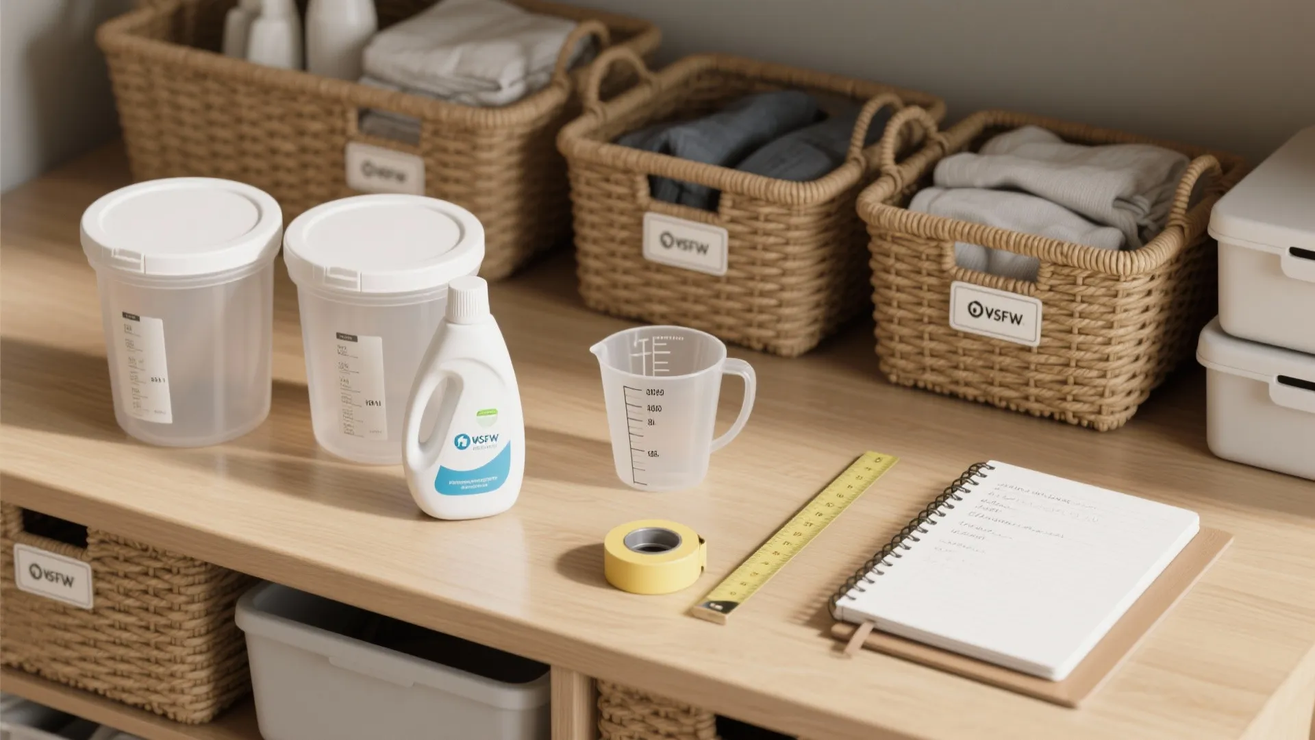 Laundry room shelf with woven storage baskets and white plastic detergent bottles for organized home storage