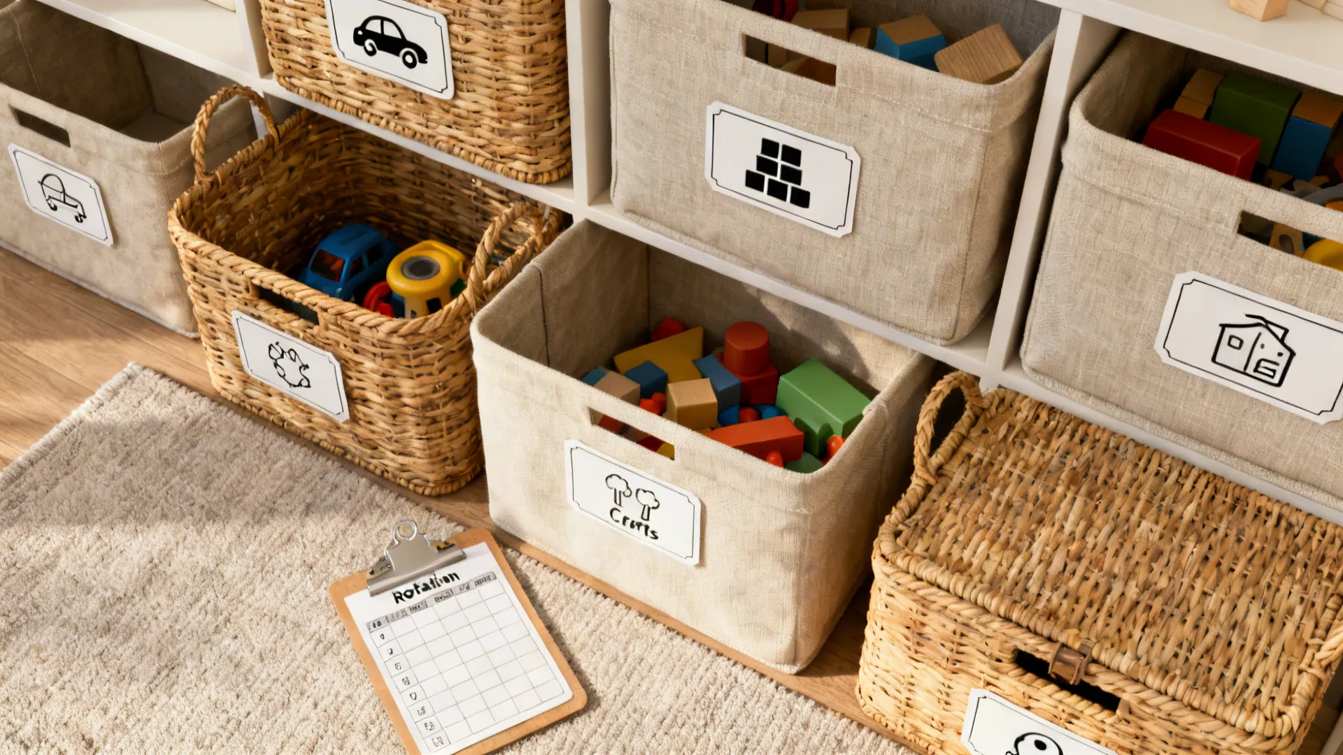 Storage baskets with labels for toys and crafts placed on floor next to a clipboard